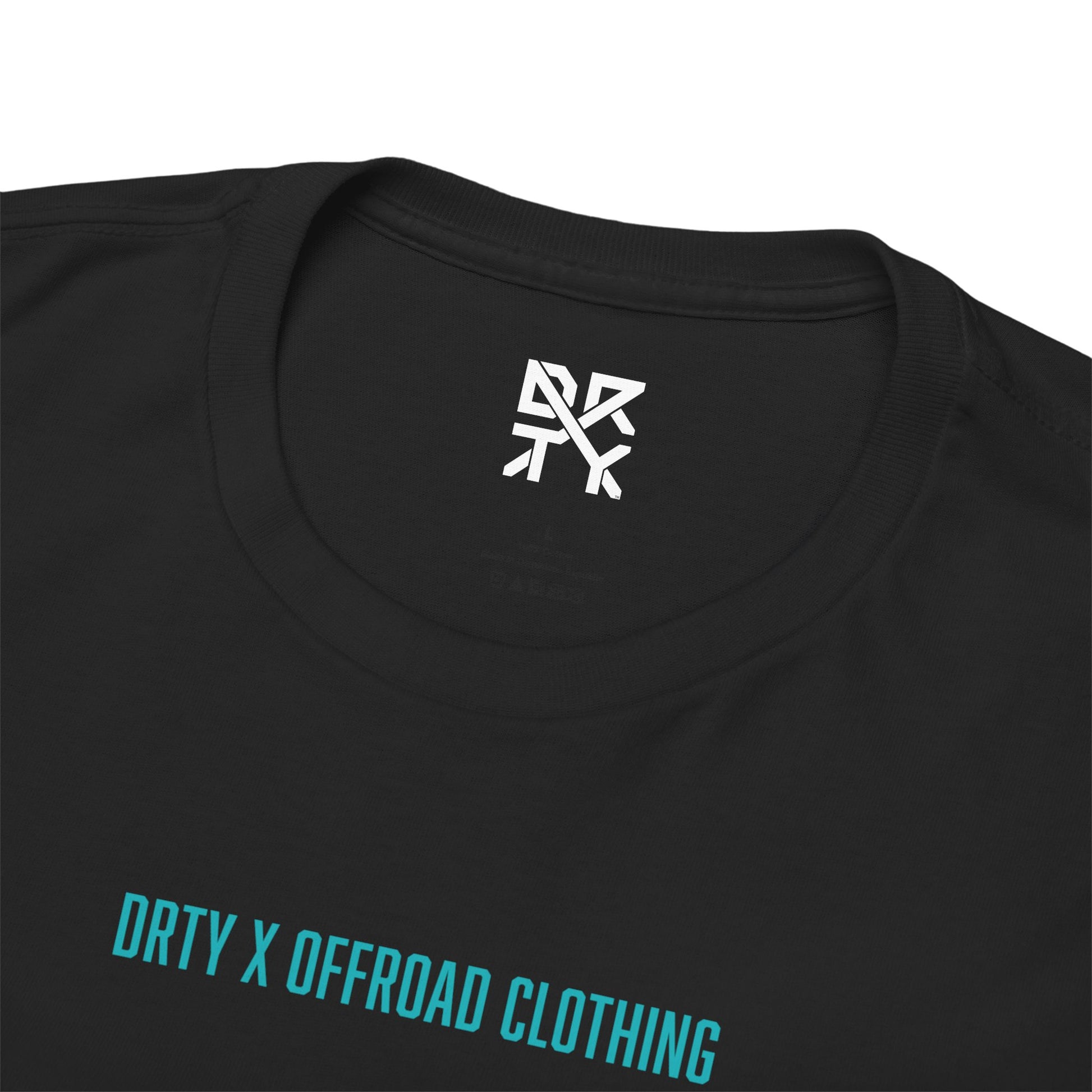 This image showcases the inside view of a T-shirt collar with a DRTY X logo printed on the inside.