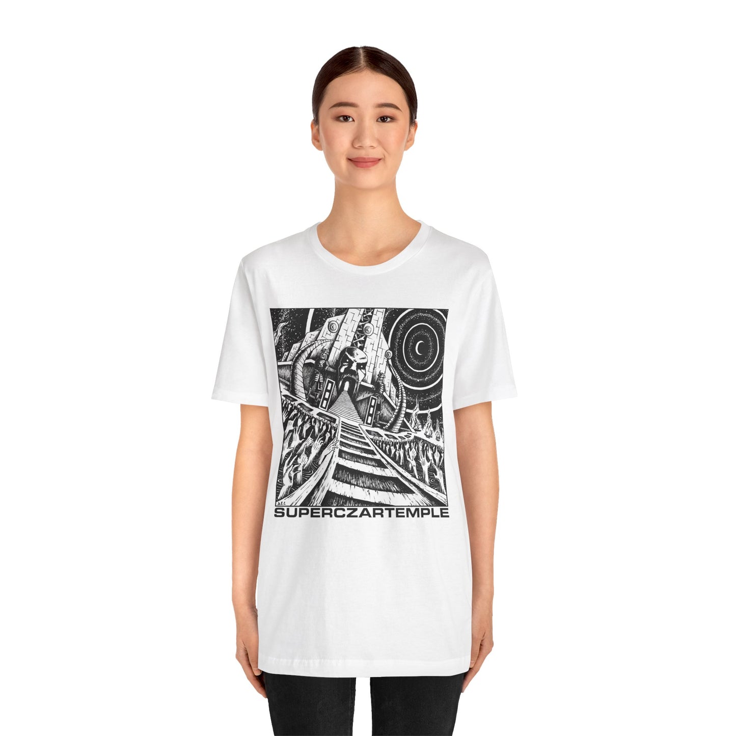 A woman wearing a superczartemple band tshirt featuring inked graphics by artist DEC (Davide Edoardo Cassano)