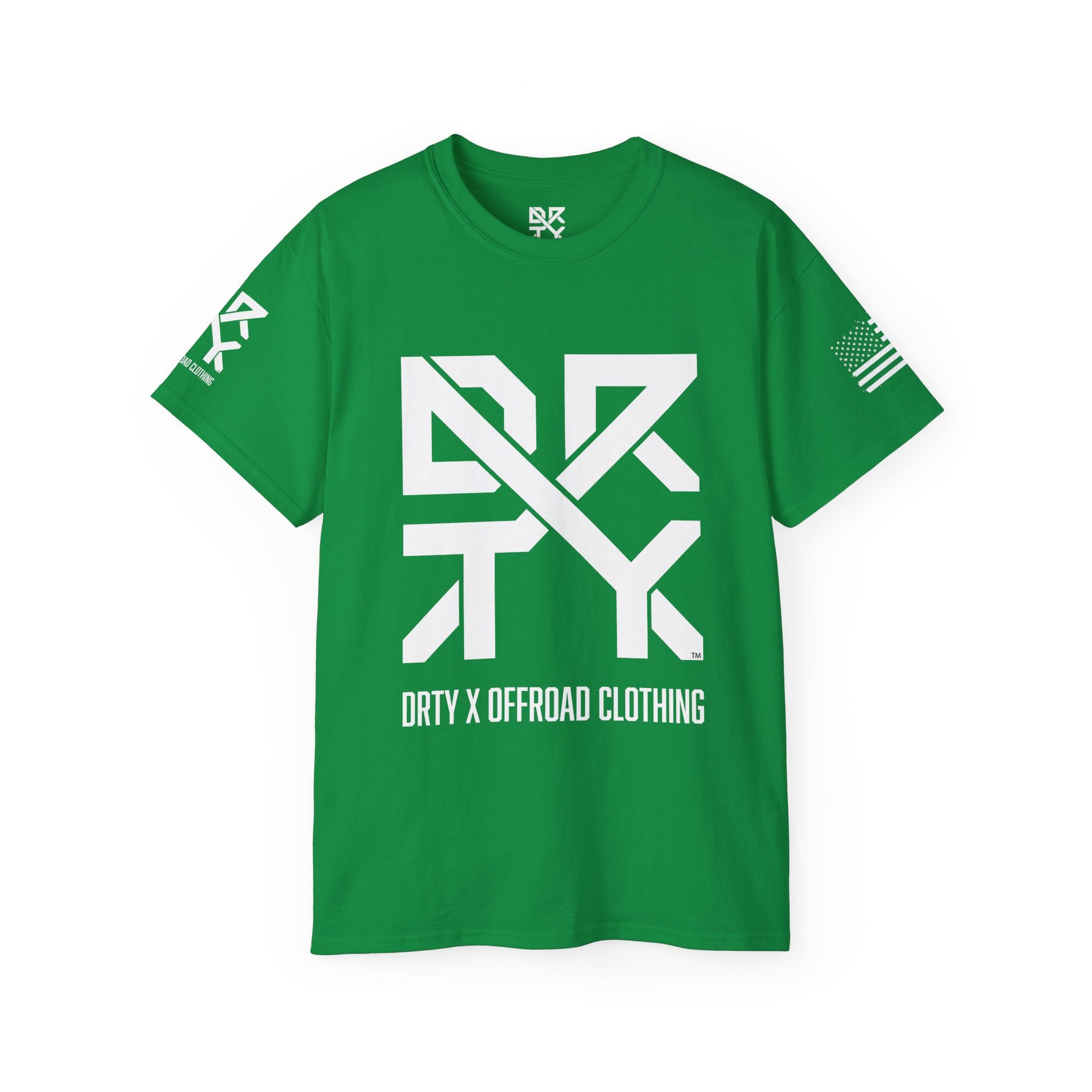 This image showcases the front view of a T-shirt with a DRTY X Logo on the center of the T Shirt and on the right sleeve. The right sleeve has an American flag