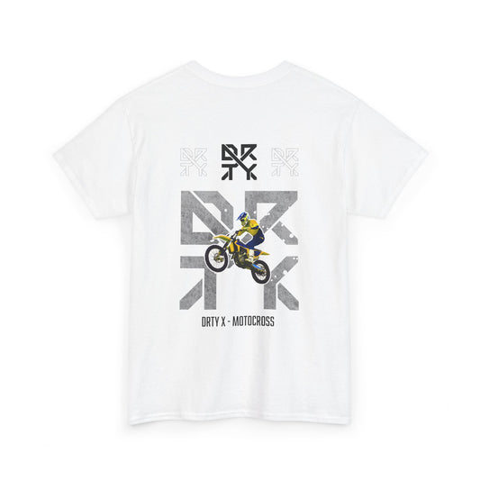 This image showcases the back view of a T-shirt with a motocross bike jumping over top of a DRTY X logo on the middle top and center back, with text below that says DRTY X motocross.