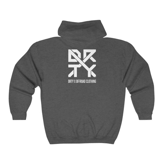 This image showcases the back view of a long sleeve hooded sweatshirt with a DRTY X Logo on the center of the back view