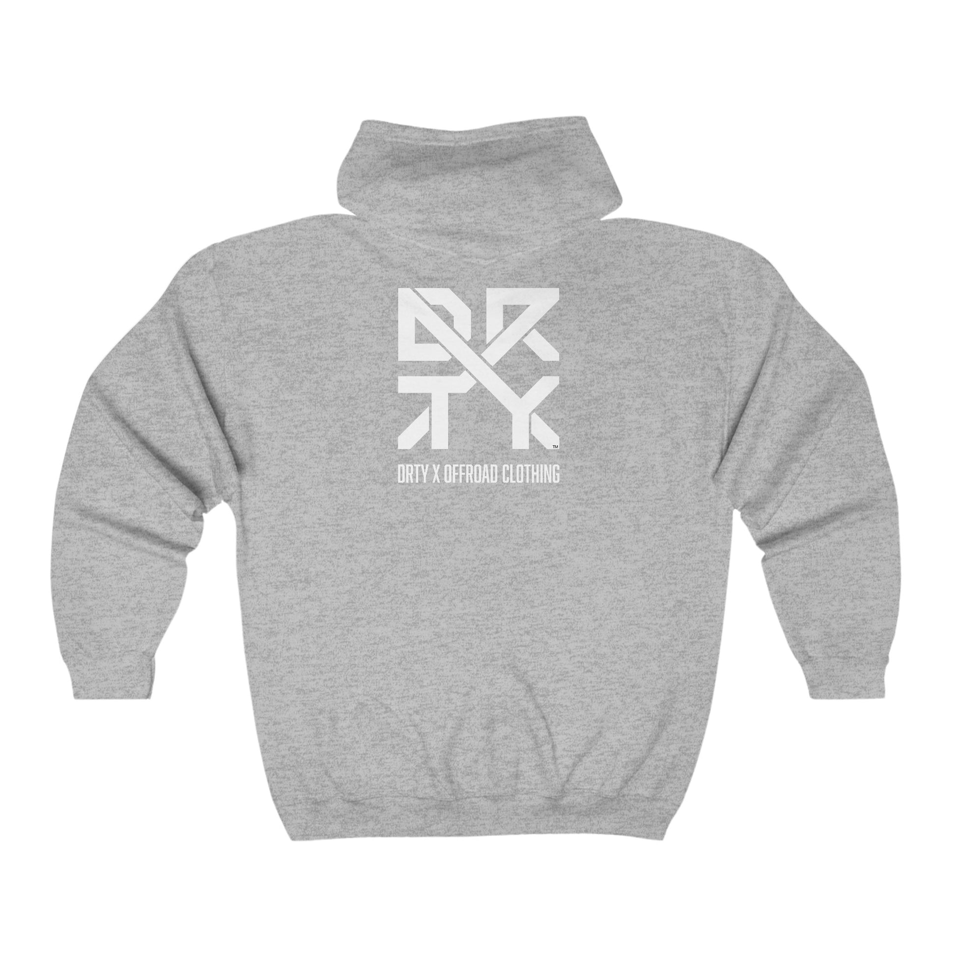 This image showcases the back view of a long sleeve hooded sweatshirt with a DRTY X Logo on the center of the back view