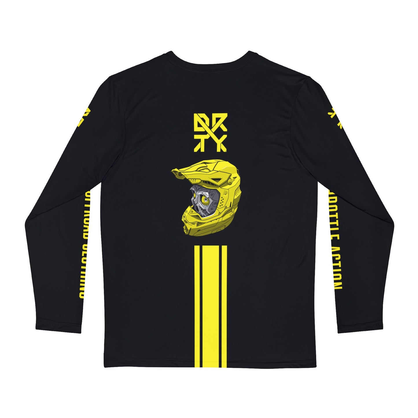 This image showcases the back view of a a long sleeve shirt with a medium DRTY X Logo on the top middle over a skull with a helmet above the stripes.