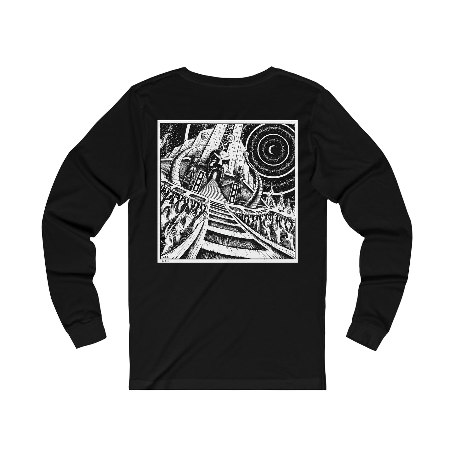 Back side of longsleeve superczartemple tshirt - down in the super czar temple - with inked graphics by artist D.E.C. (Davide Edoardo Cassano)