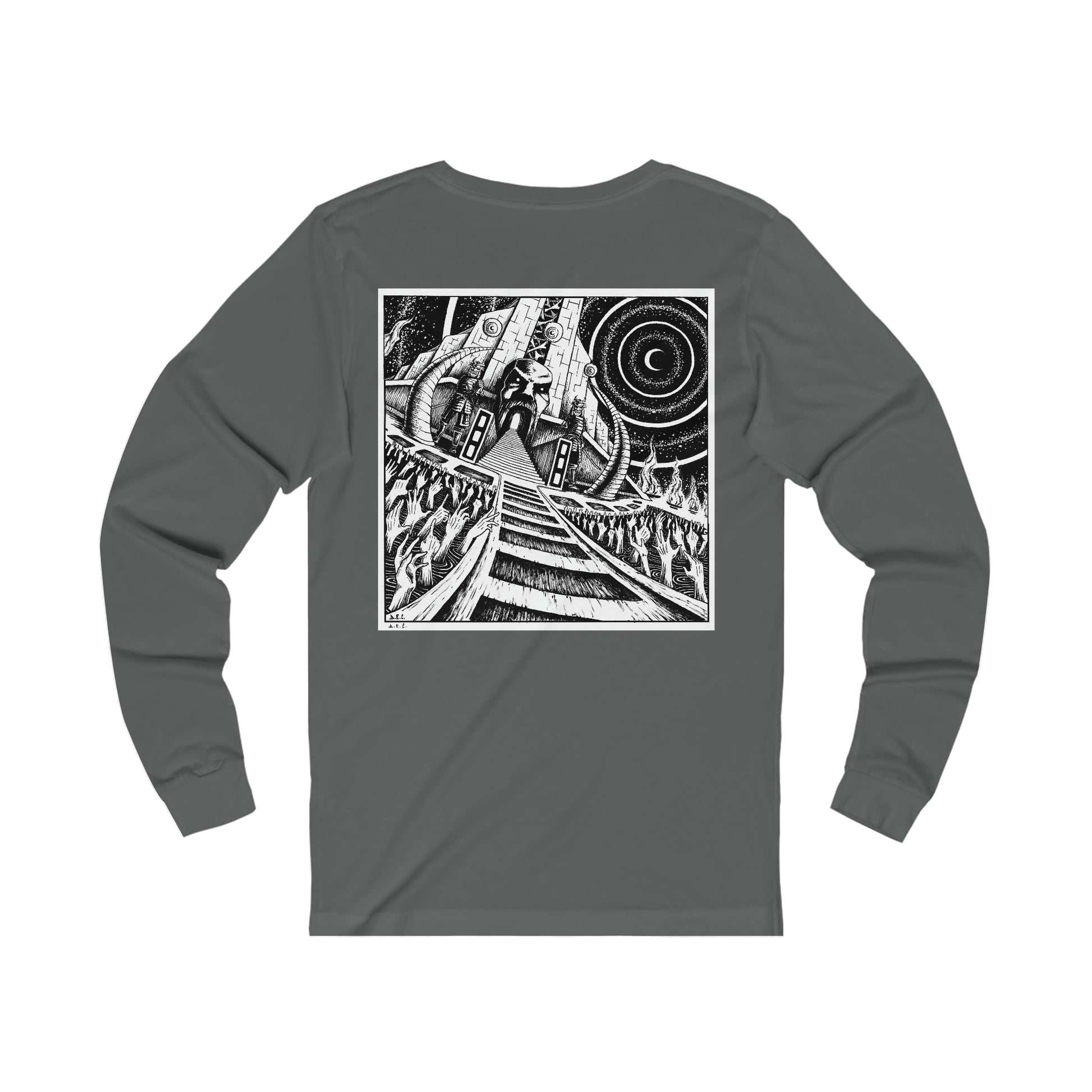 Back side of longsleeve superczartemple tshirt - down in the super czar temple - with inked graphics by artist D.E.C. (Davide Edoardo Cassano)