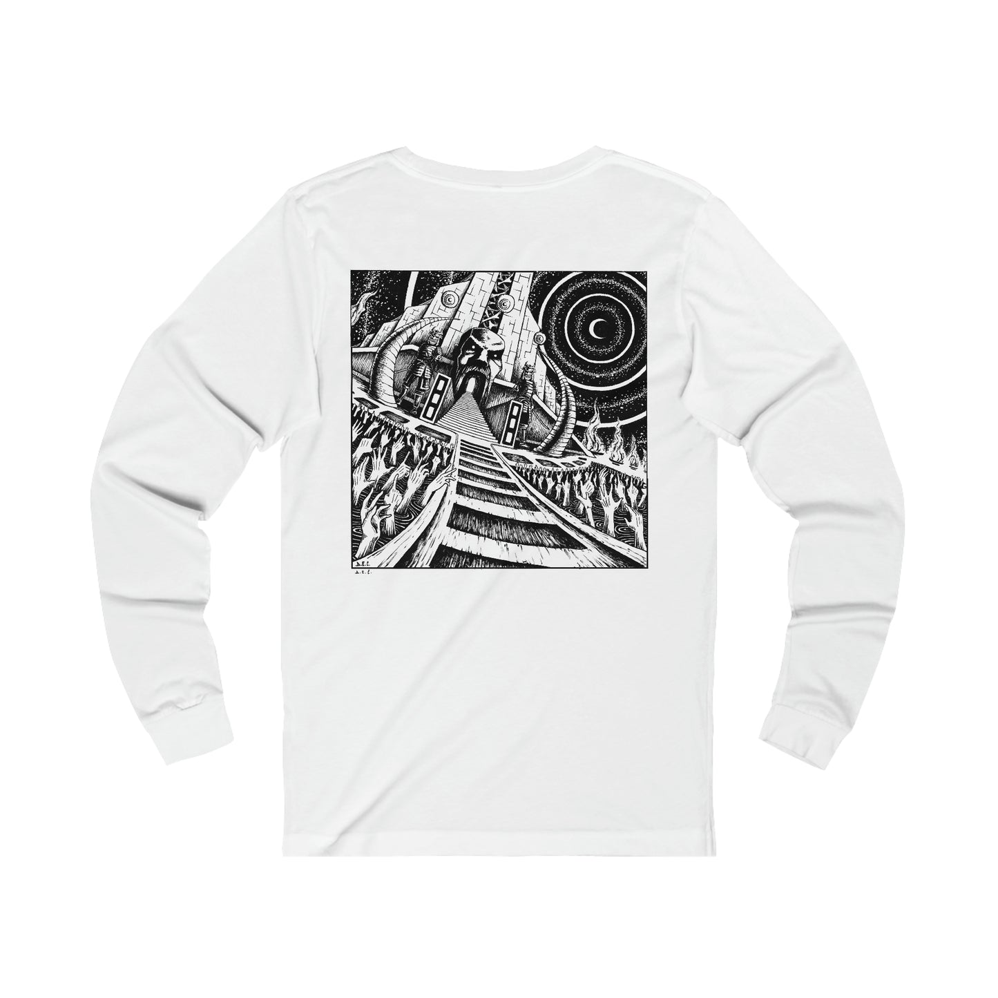 Back side of longsleeve superczartemple tshirt - down in the super czar temple - with inked graphics by artist D.E.C. (Davide Edoardo Cassano)