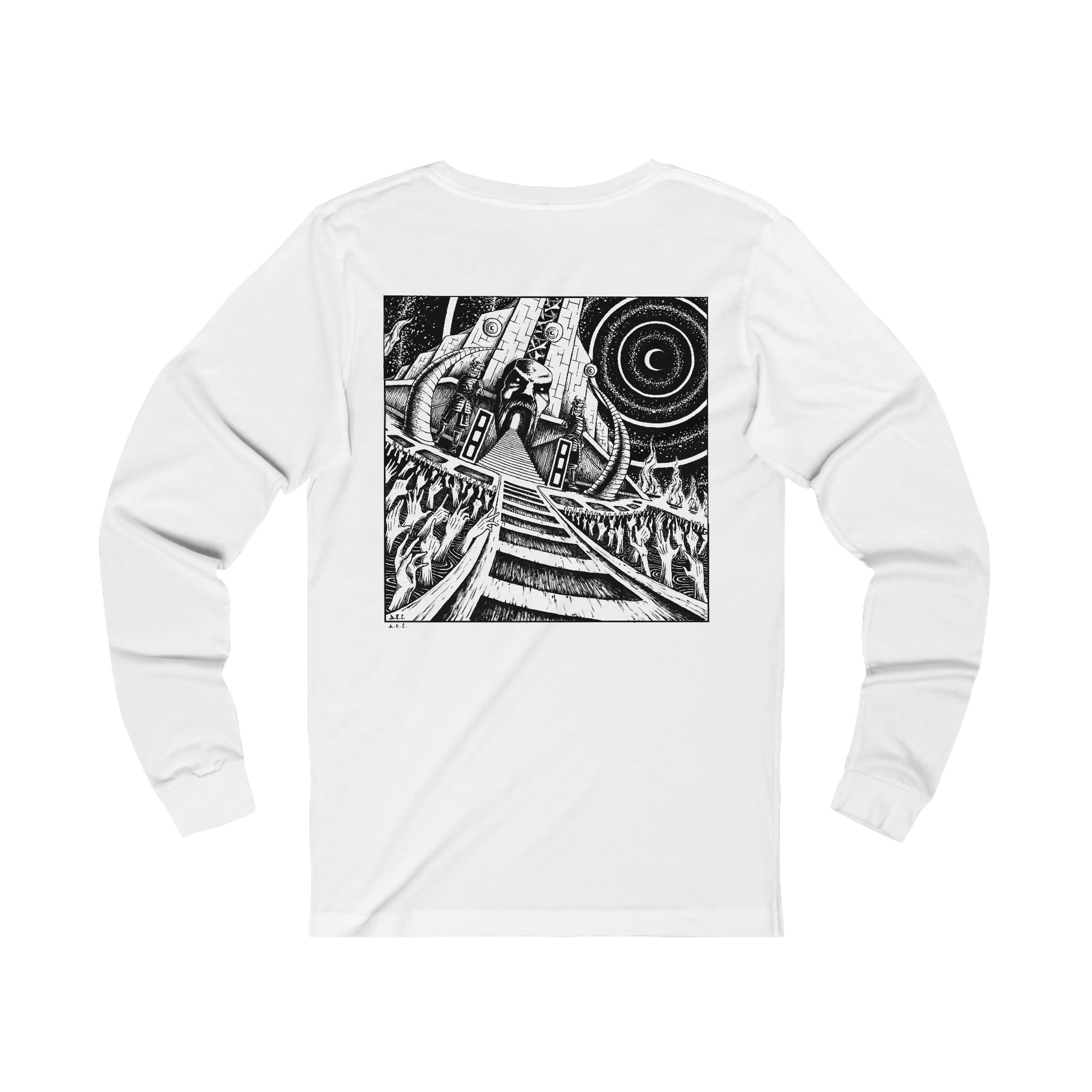 Back side of longsleeve superczartemple tshirt - down in the super czar temple - with inked graphics by artist D.E.C. (Davide Edoardo Cassano)