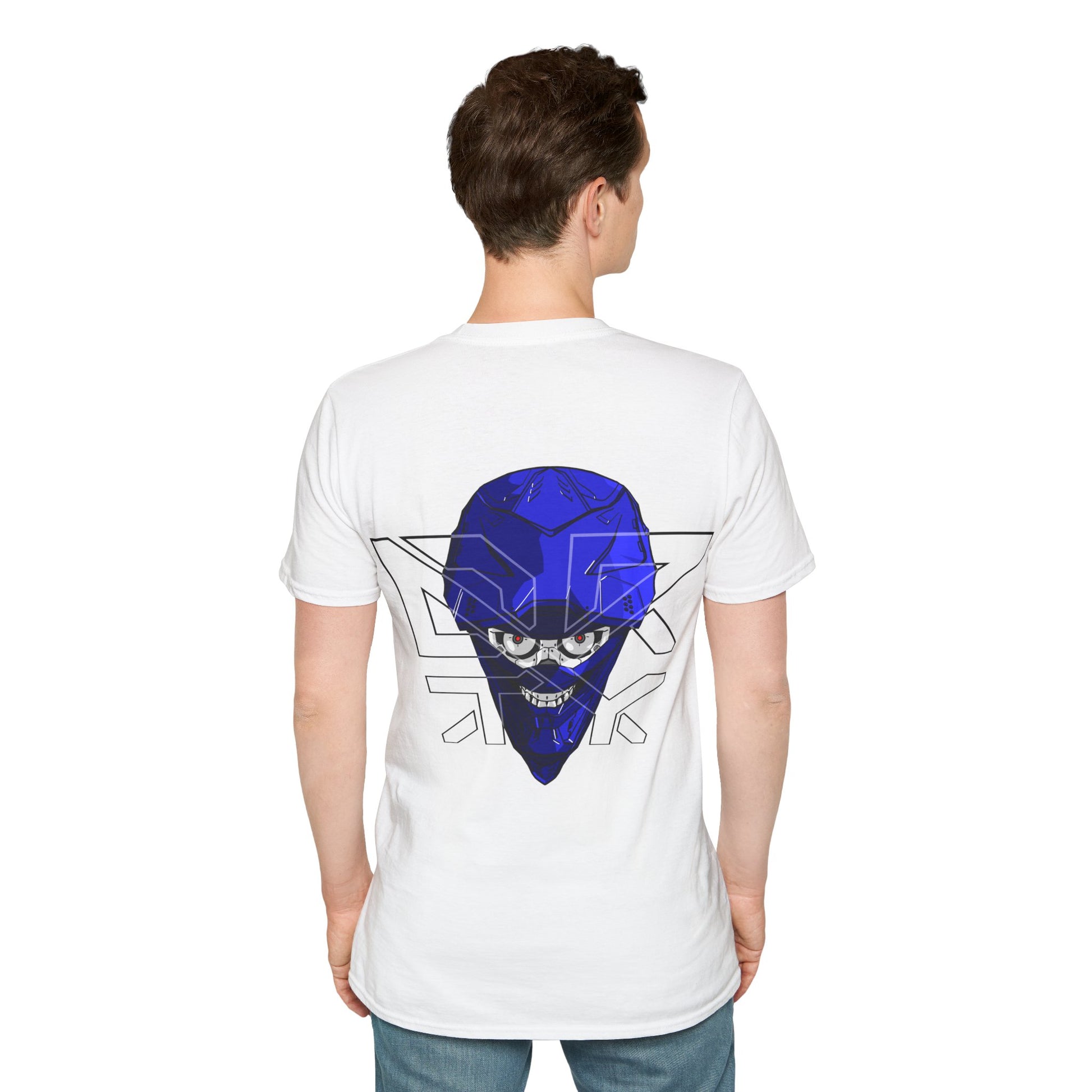 This image showcases a man wearing a back view of a T-shirt with the front view of a cyber skull inside of a motocross helmet, with a DRTY X logo over the helmet.