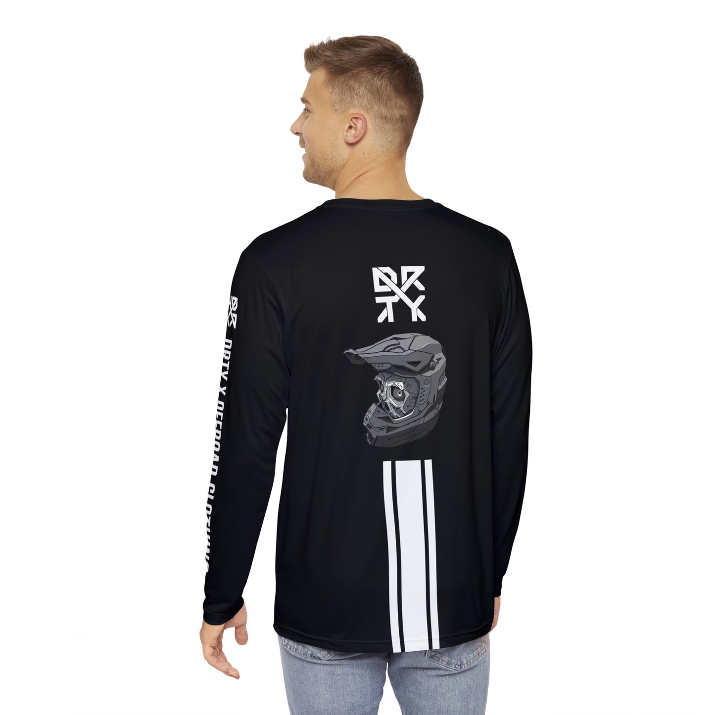 This image showcases the back view of a man wearing a long sleeve shirt with a medium DRTY X Logo on the top middle over a skull with a helmet above the stripes.