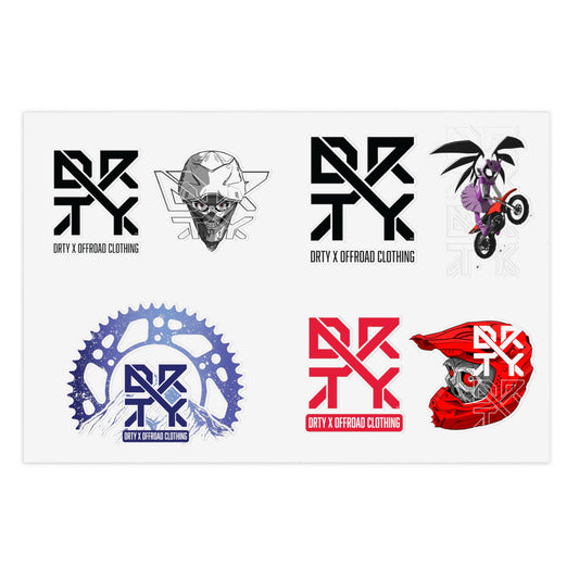 This image shows a small DRTY X Logo and artwork sticker sheet on a white background.