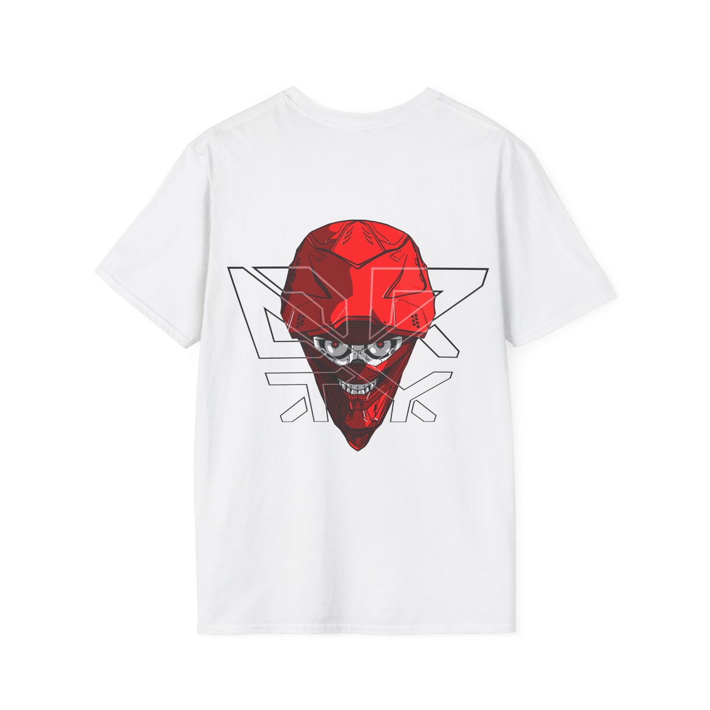 This image showcases the back view of a T-shirt with a front view of a cyber skull inside of a motocross helmet with a DRTY X logo over the helmet.