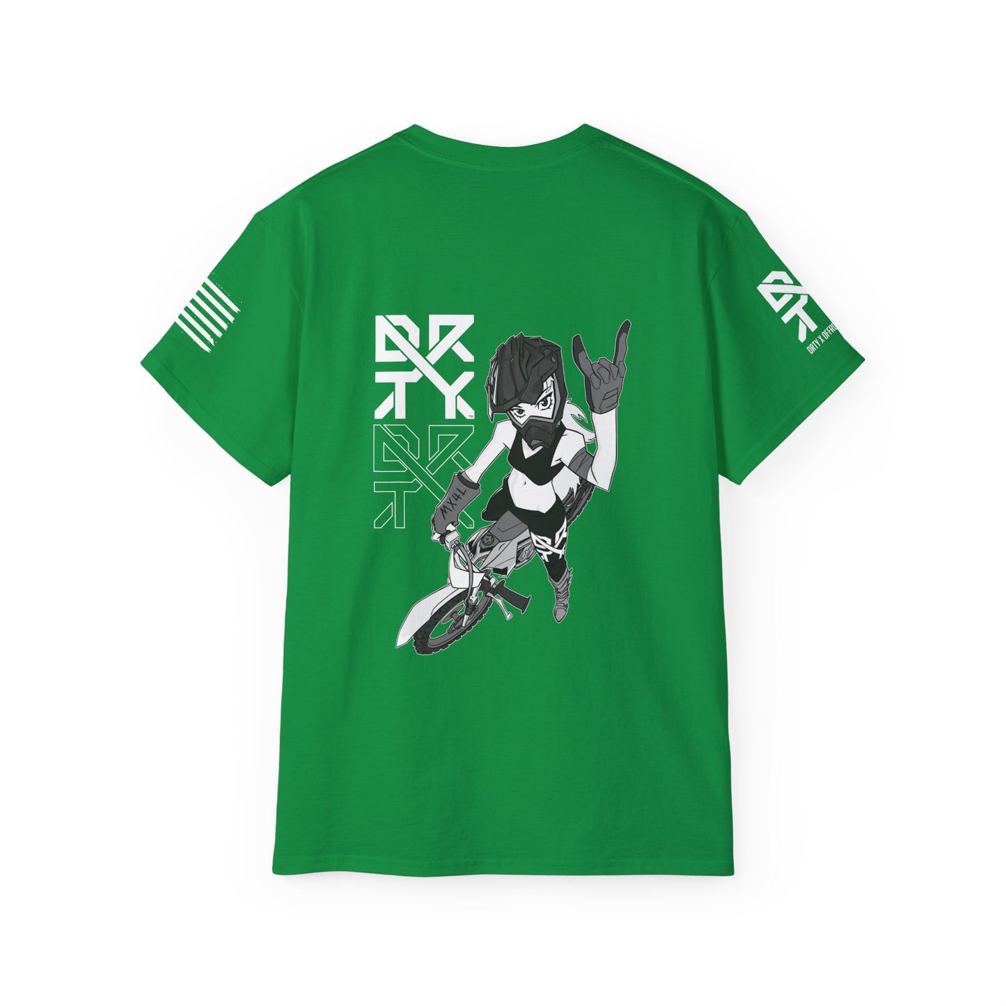 This image showcases a back view of a blue T Shirt with a motocross girl sitting on a dirt bike throwing up her horns with her left hand. The DRTY X Logo is to the left of the girl.