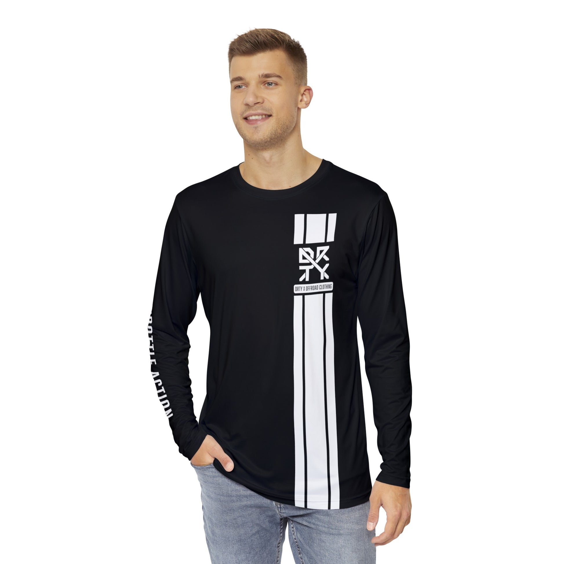 This image showcases the front view of a man wearing a long sleeve shirt with a medium DRTY X Logo on the left side of the shirt with stripes.