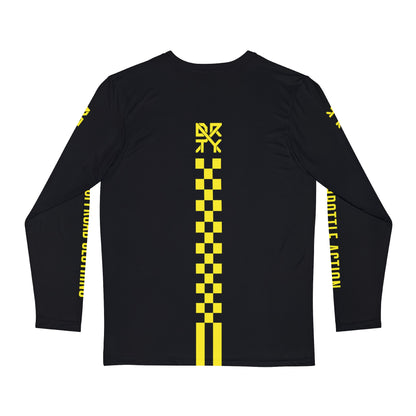This image showcases the back view of a long sleeve shirt with a small DRTY X Logo on the top middle  of the shirt with a checkered striped below the logo down the idle of the shirt.