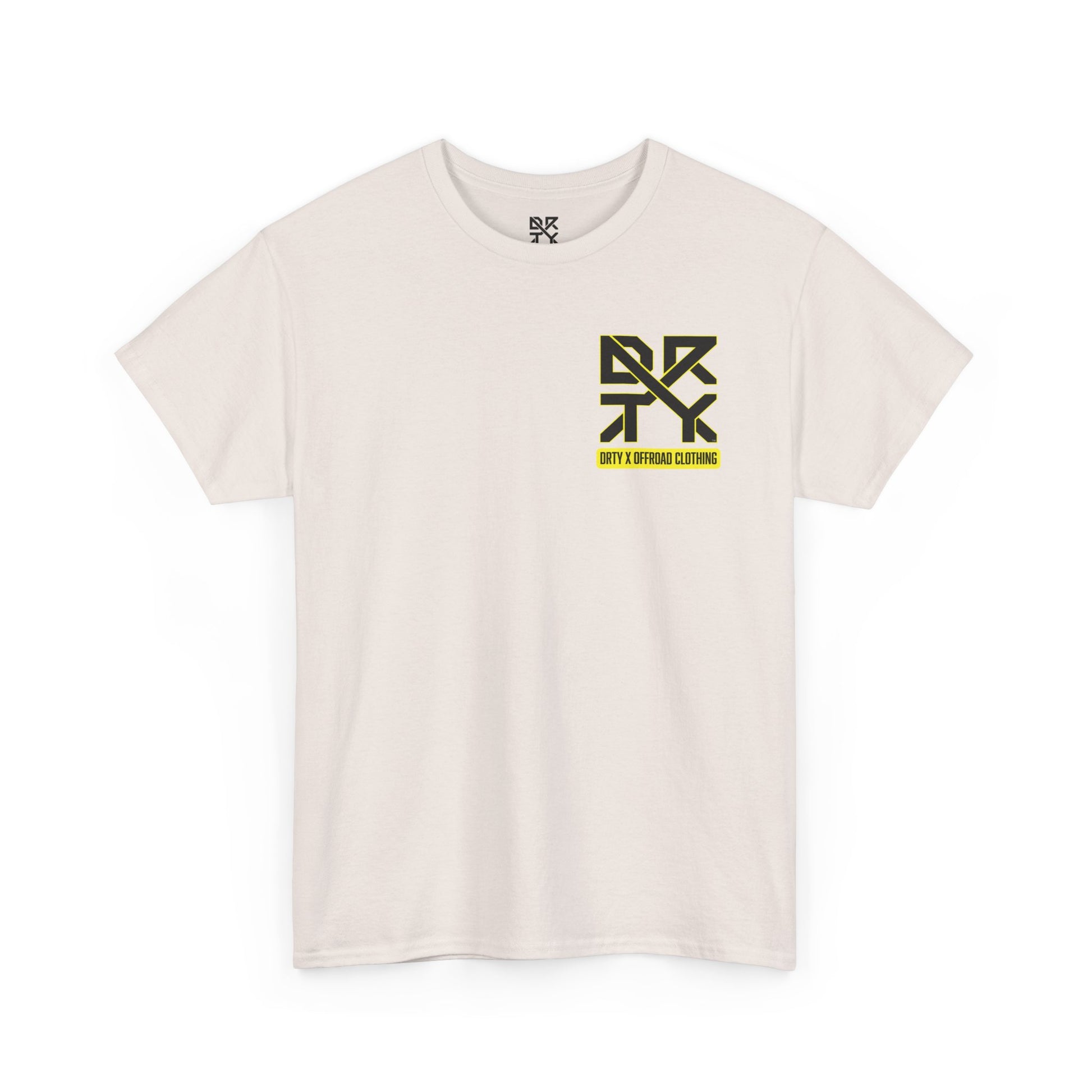This image showcases a front view of a T-shirt with a left front chest with a DRTY X logo.