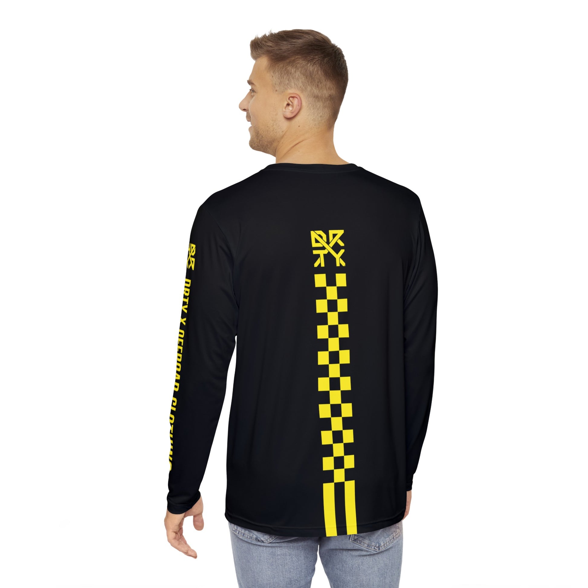 This image showcases the back view of a man wearing a long sleeve shirt with a small DRTY X Logo on the top middle  of the shirt with a checkered striped below the logo down the middle of the shirt.