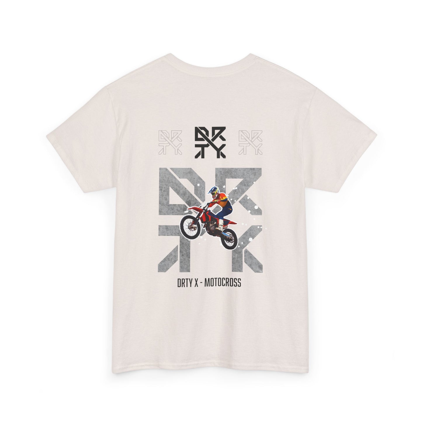 This image showcases the back view of a T-shirt with a motocross bike jumping over top of a DRTY X logo on the middle top and center back, with text below that says DRTY X motocross.