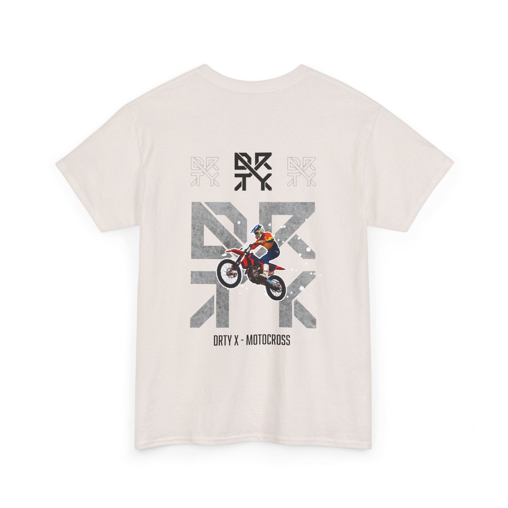 This image showcases the back view of a T-shirt with a motocross bike jumping over top of a DRTY X logo on the middle top and center back, with text below that says DRTY X motocross.