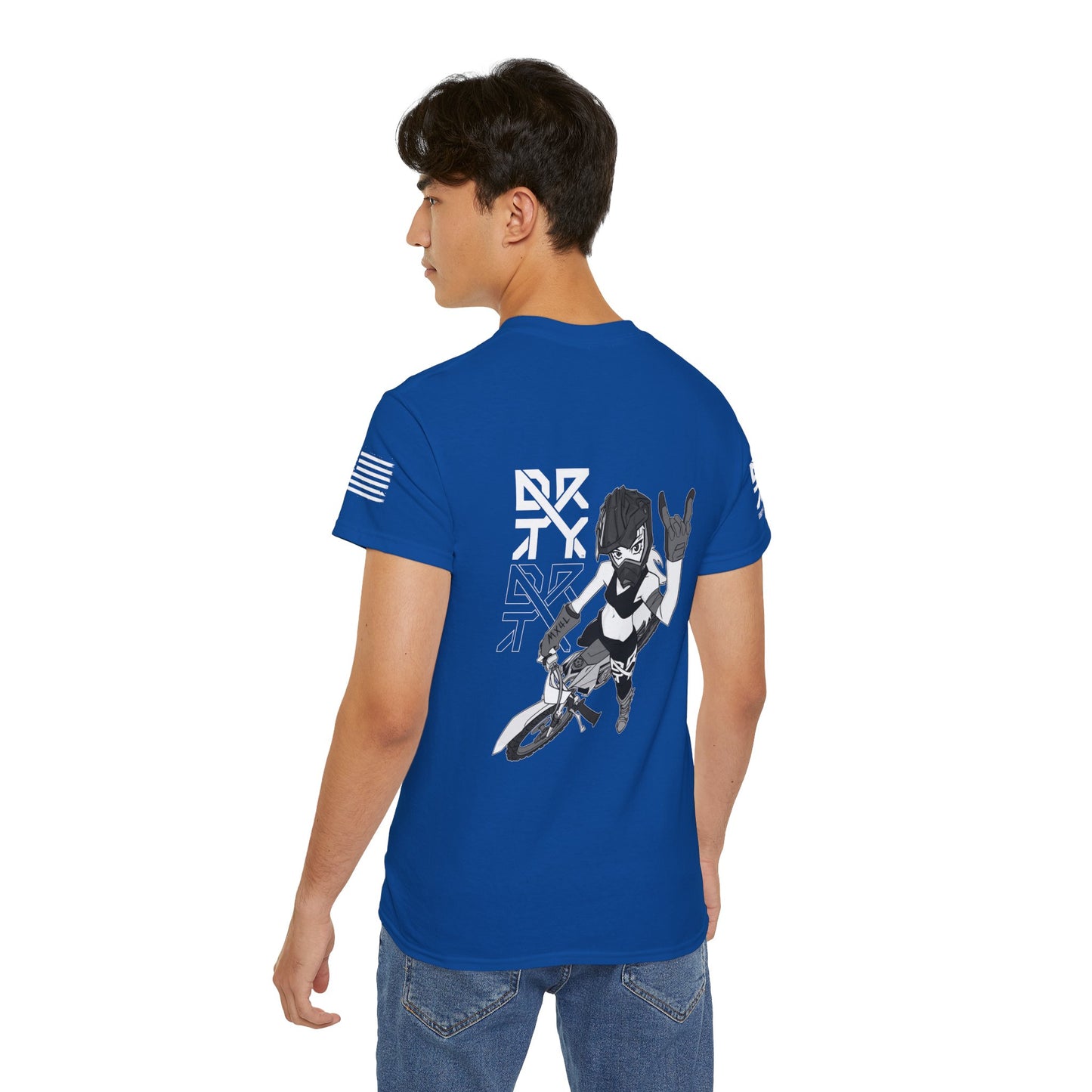 This image showcases the back view of a man wearing a T-shirt with a motocross girl sitting on a blue dirt bike throwing up her horns with her left hand. The DRTY X Logo is to the left of the girl.