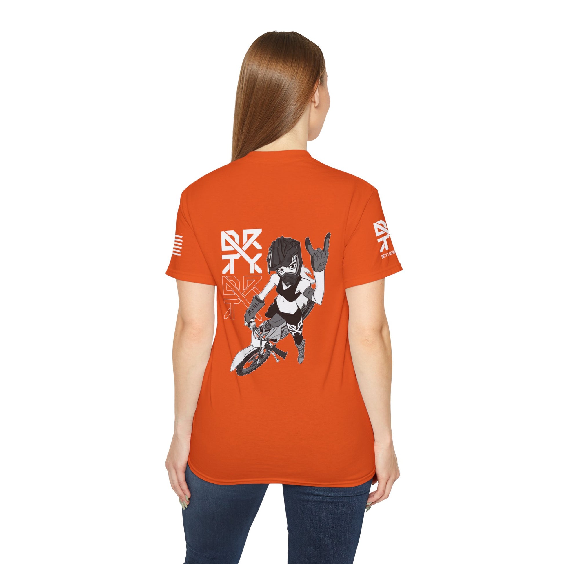 This image showcases the back view of a woman wearing a T-shirt with a motocross girl sitting on a dirt bike throwing up her horns with her left hand. The DRTY X Logo is to the left of the girl.