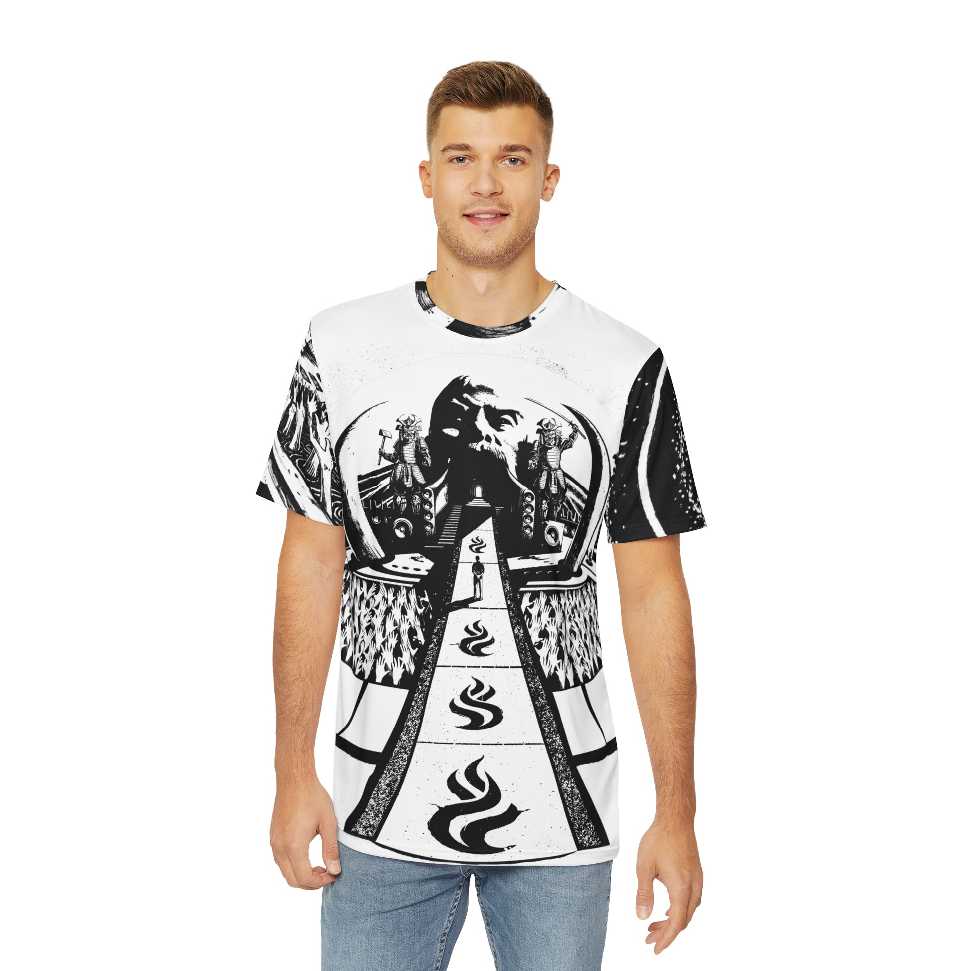 Man wearing superczartemple tshirt with full body graphics - with vector graphics by artist Bob Rissetto on front