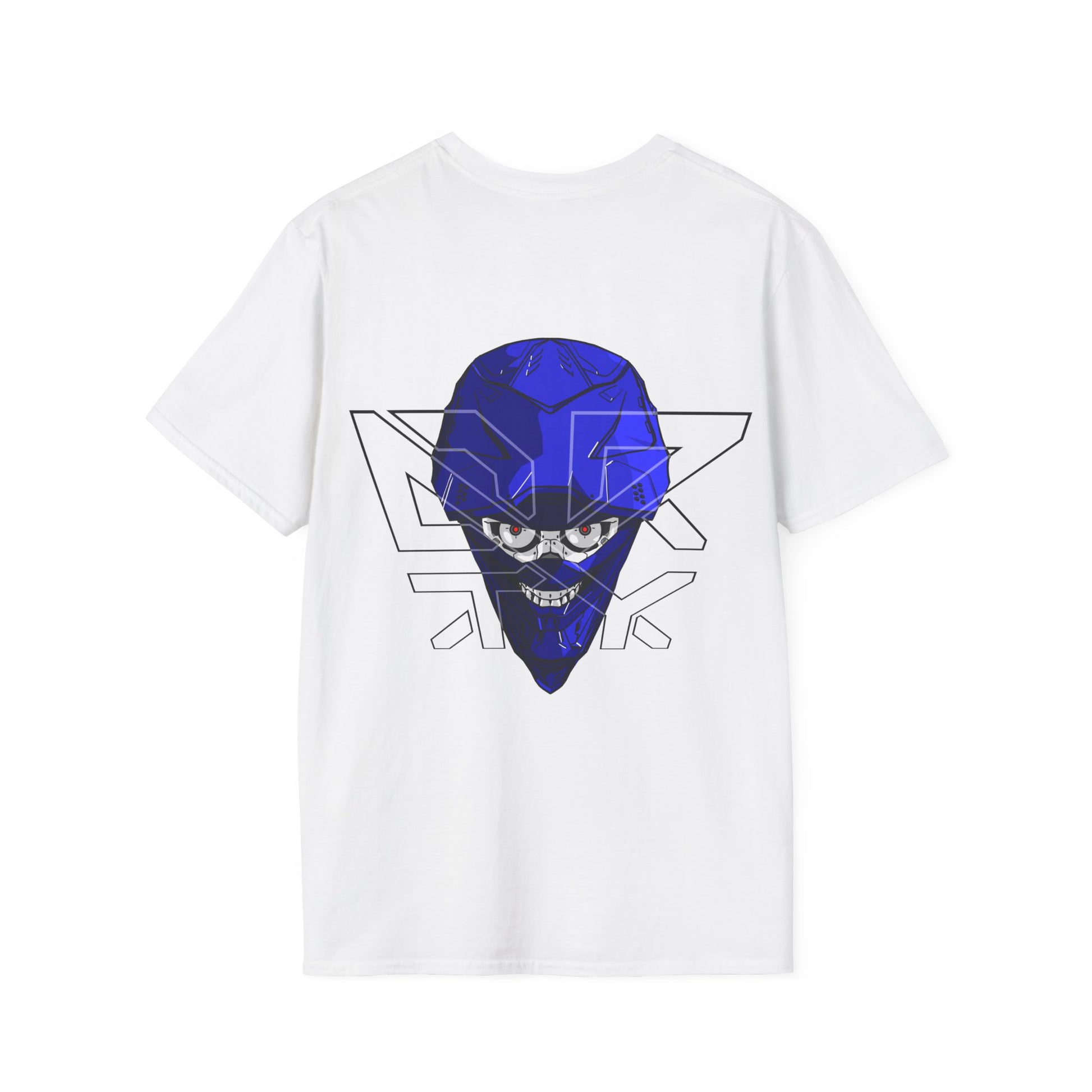 This image showcases the back view of a T-shirt with a front view of a cyber skull inside of a motocross helmet with a DRTY X logo over the helmet.