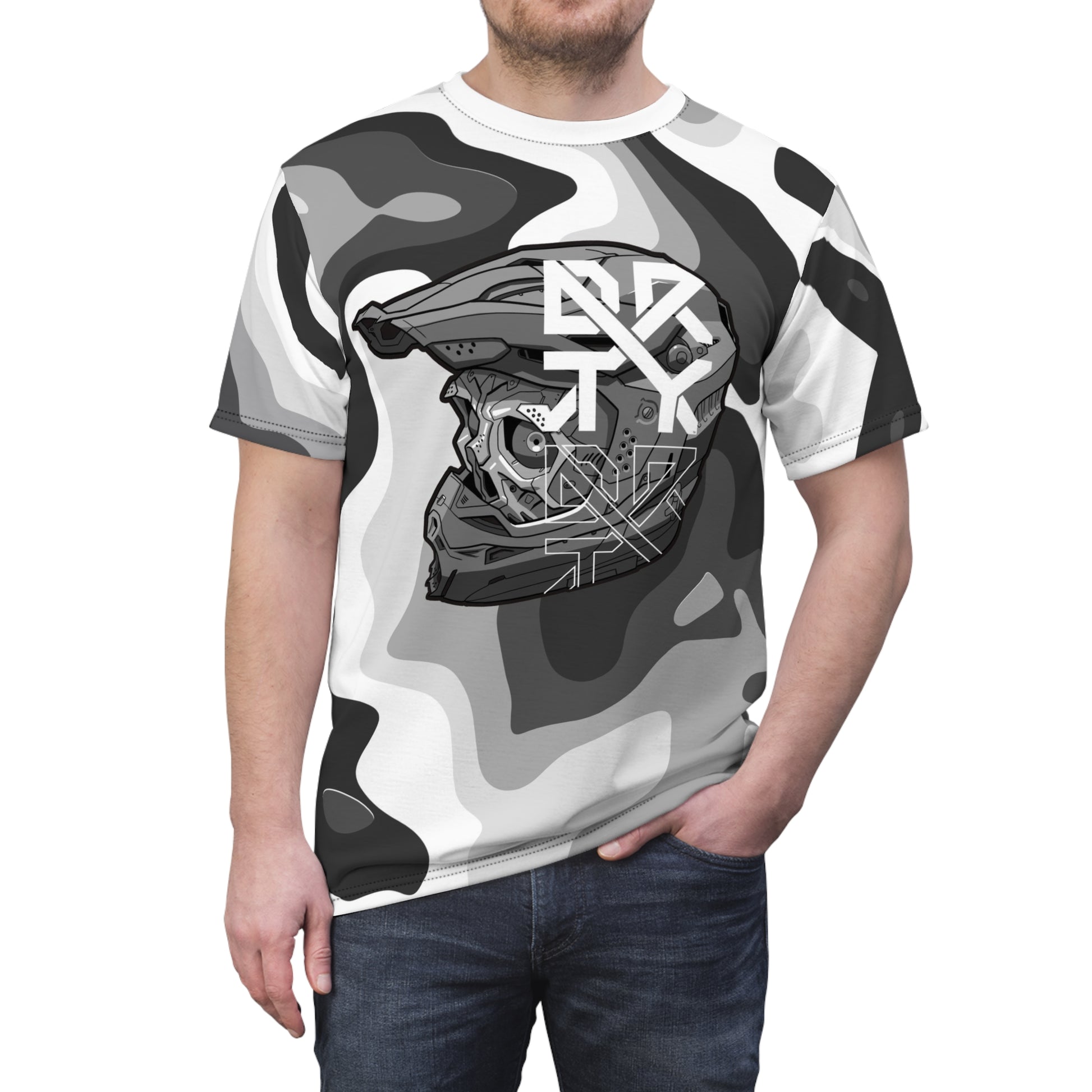 This image showcases a person wearing a T-shirt with our offroad cyber skull helmet design on a camouflage pattern. The shirt features a stylized offroad helmet adorned with the letters “DRTYX.” The overall design is set against a grey and black camouflage background, creating a fashionable and urban look.