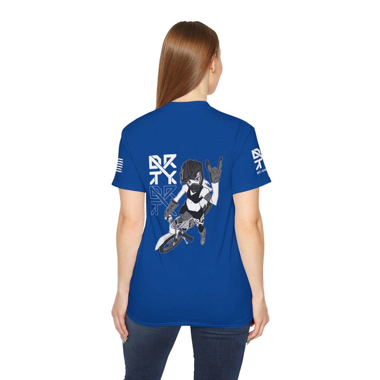 This image showcases the back view of a woman wearing a T-shirt with a motocross girl sitting on a dirt bike throwing up her horns with her left hand. The DRTY X Logo is to the left of the girl.