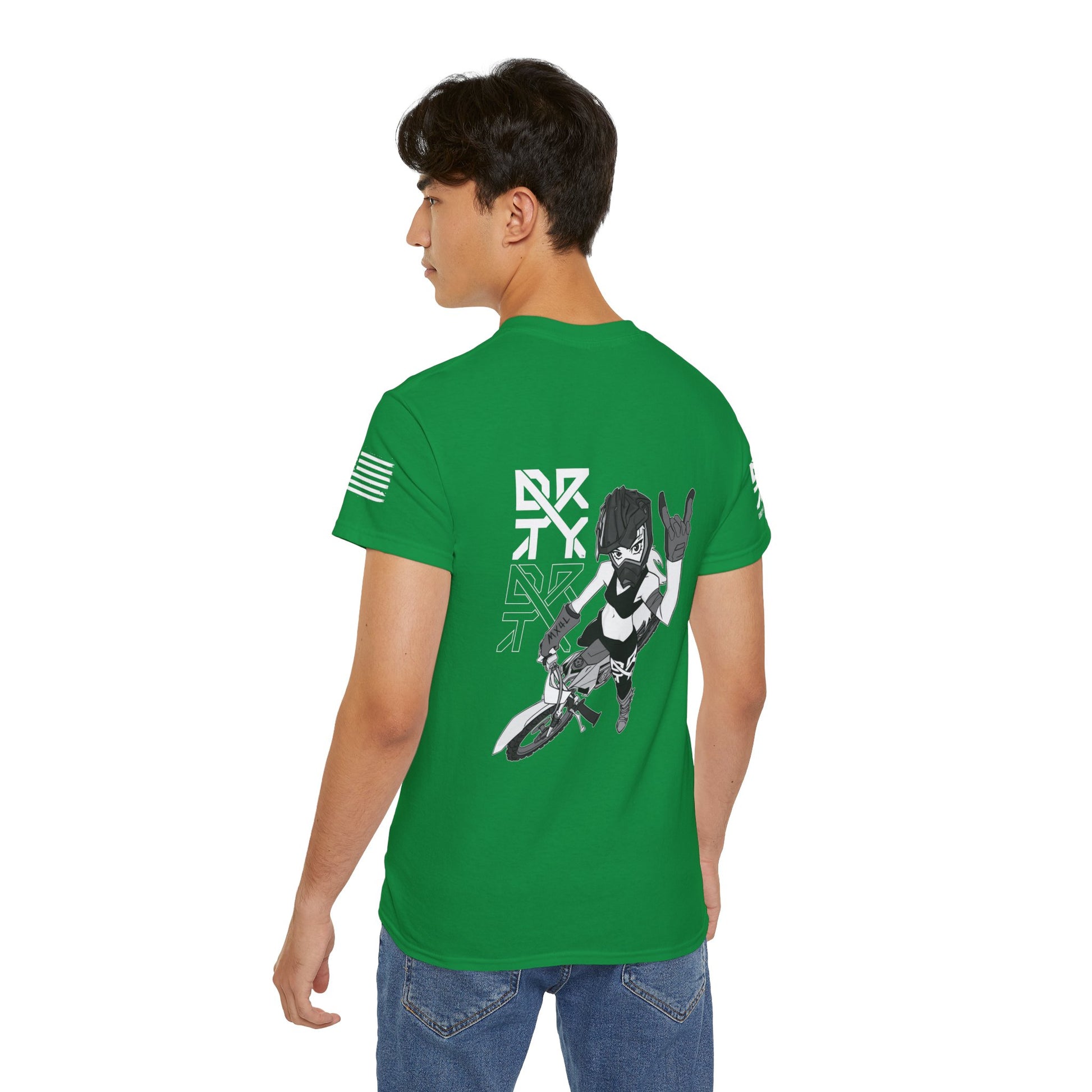 This image showcases the back view of a man wearing a T-shirt with a motocross girl sitting on a blue dirt bike throwing up her horns with her left hand. The DRTY X Logo is to the left of the girl.