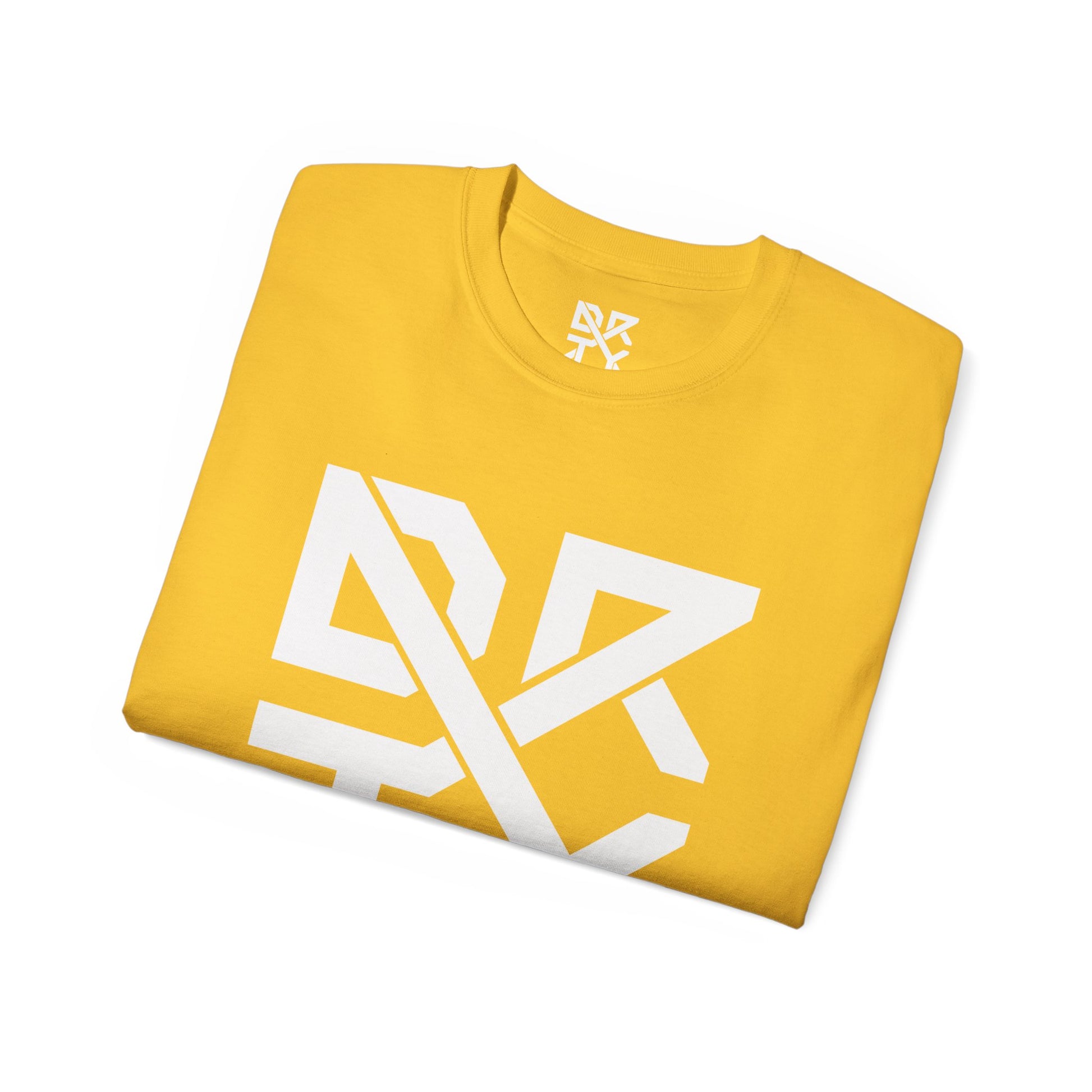 A folded view of the front of the shirt with a cropped DRTY X logo in the collar and front of the shirt.