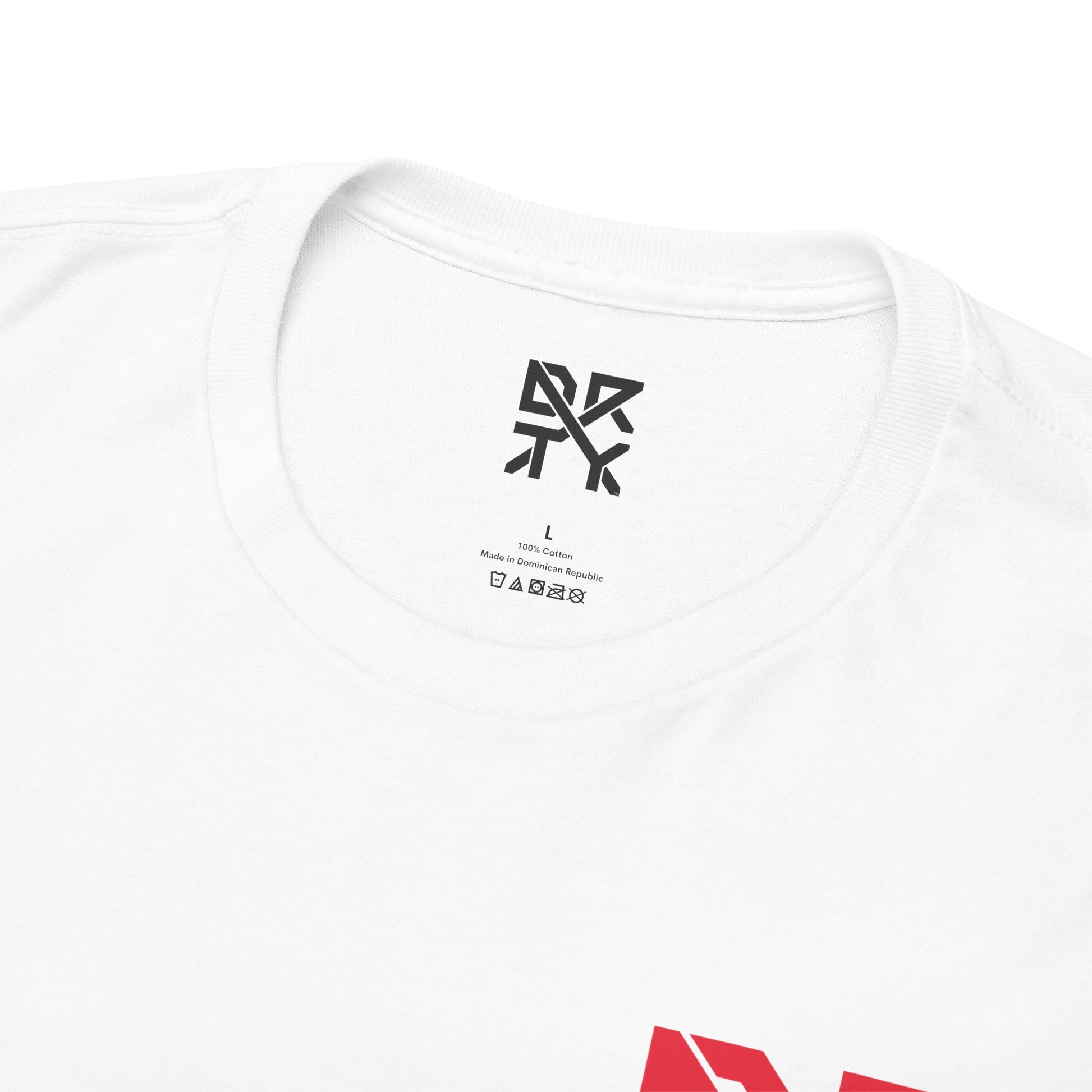 This image showcases the inside view of a T-shirt collar with a DRTY X logo printed on the inside.