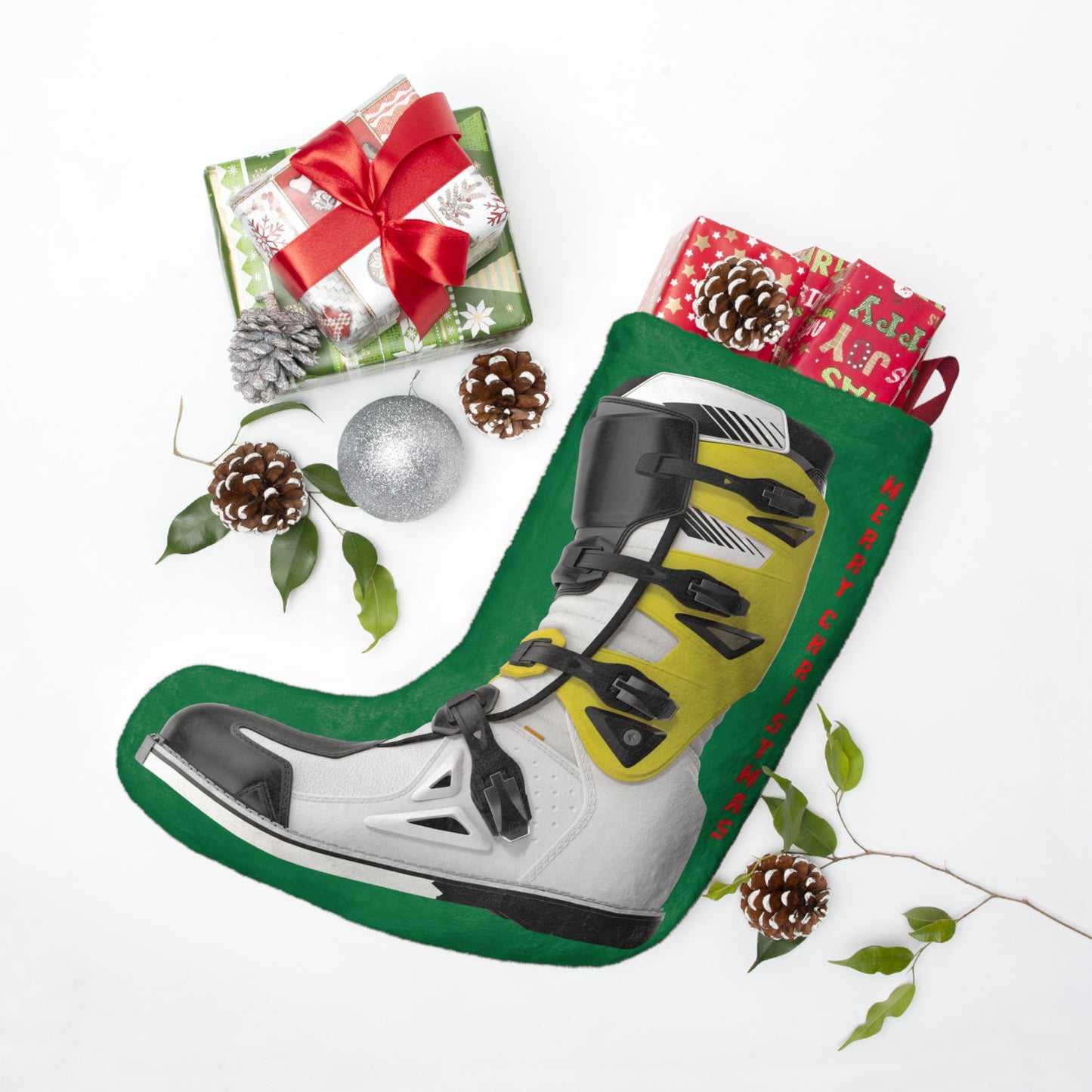 Moto X Boot - Yellow - Green Christmas Stocking