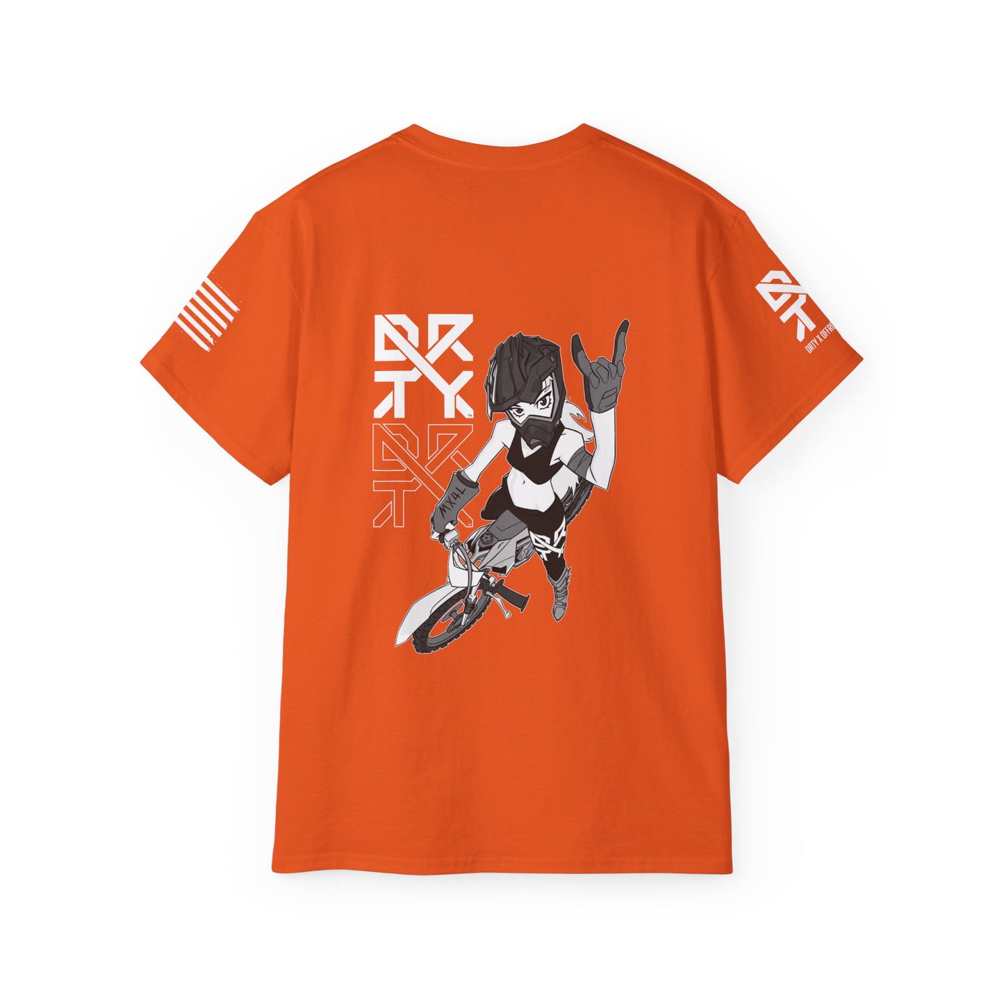 This image showcases a back view of a blue T Shirt with a motocross girl sitting on a dirt bike throwing up her horns with her left hand. The DRTY X Logo is to the left of the girl.