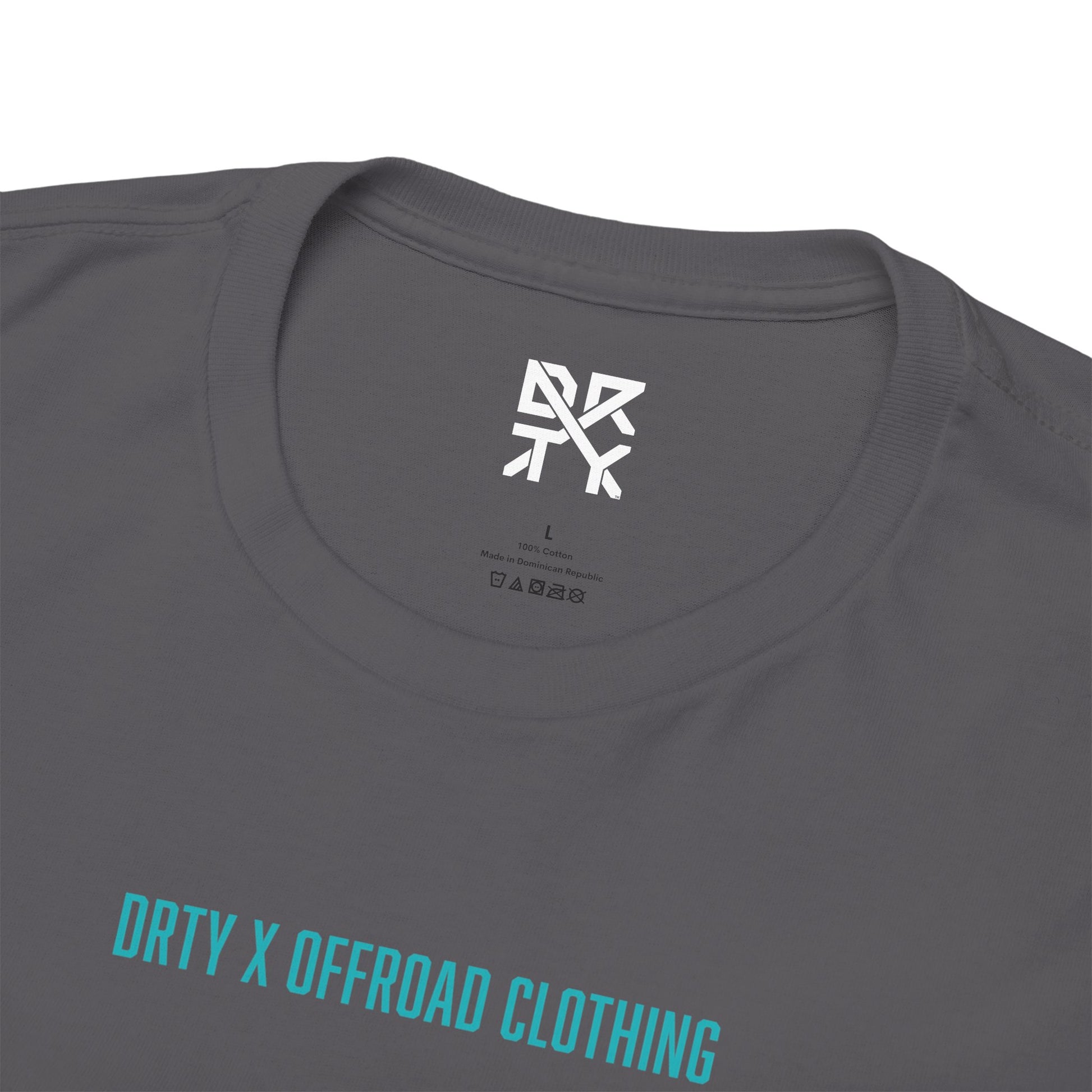 This image showcases the inside view of a T-shirt collar with a DRTY X logo printed on the inside.