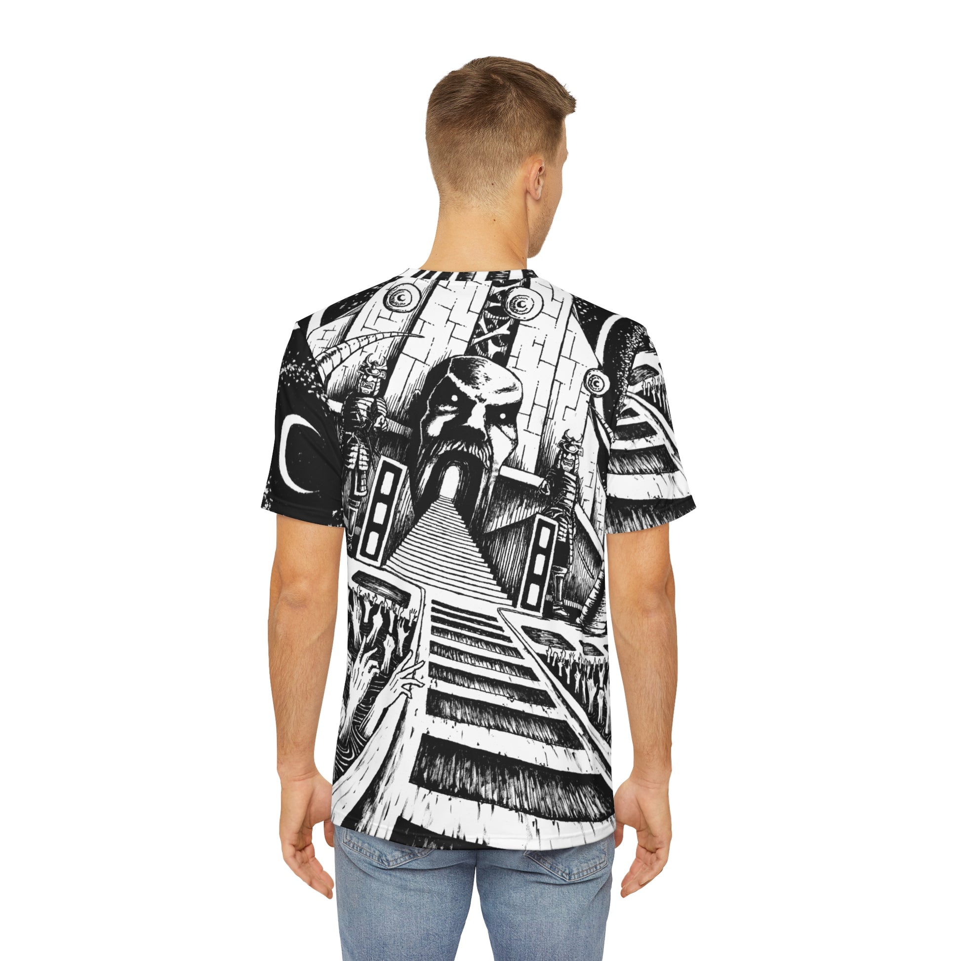 Back view of a man wearing superczartemple tshirt with full body graphics - with inked graphics by artist D.E.C. (Davide Edoardo Cassano) on back, and vector graphics by artist Bob Rissetto on front