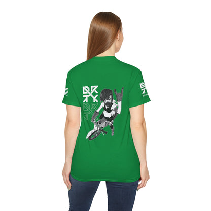 This image showcases the back view of a woman wearing a T-shirt with a motocross girl sitting on a dirt bike throwing up her horns with her left hand. The DRTY X Logo is to the left of the girl.