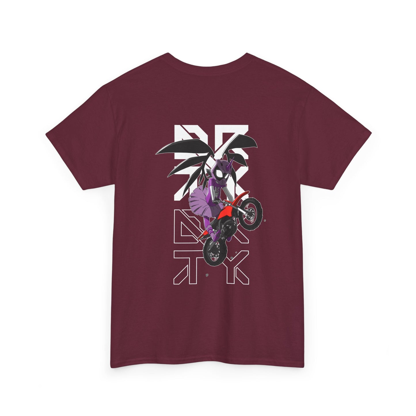This image showcases the back view of a T-shirt with a winged rider with a dress and cartoon eyes in a helmet jumping a dirt bike over the DRTY X logo.