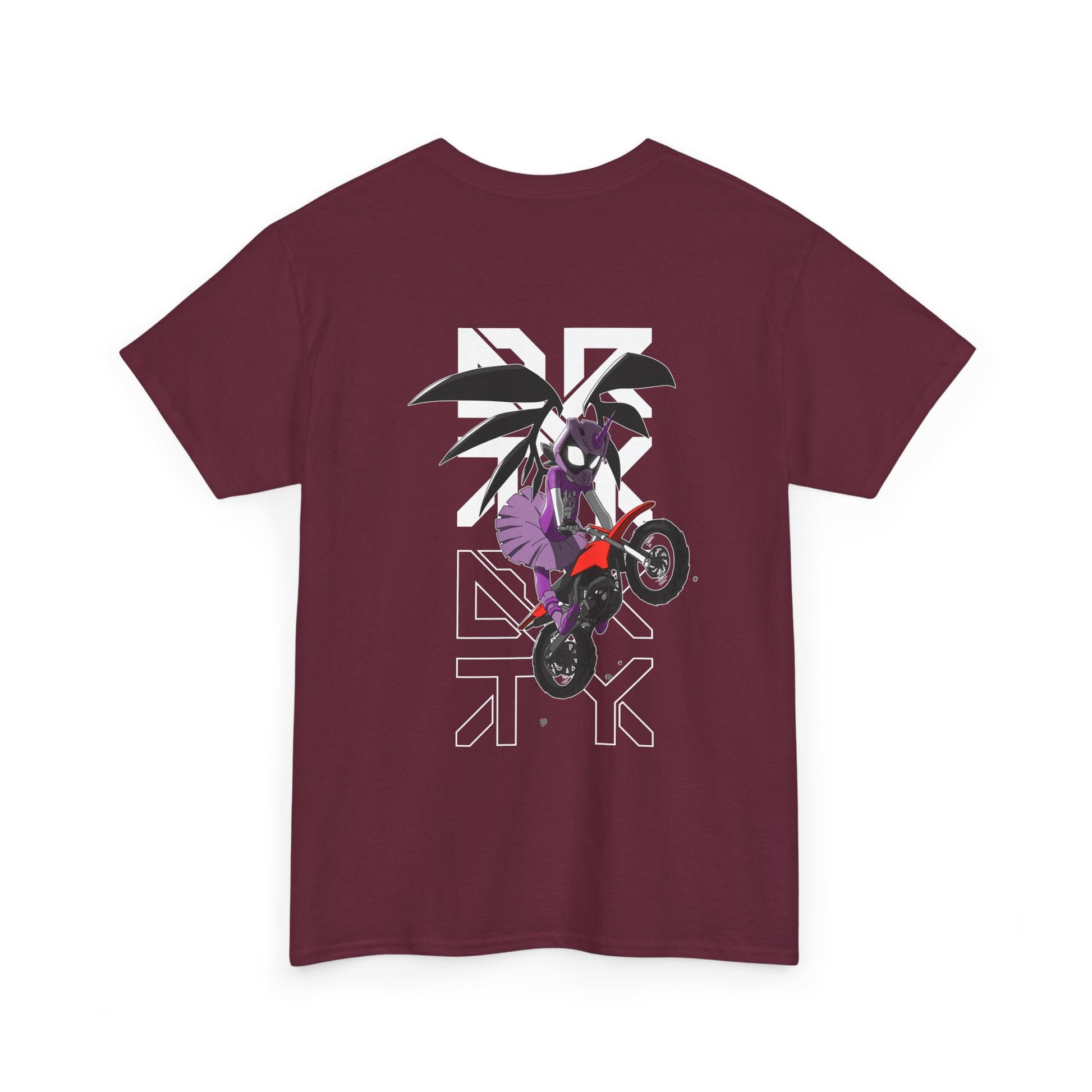 This image showcases the back view of a T-shirt with a winged rider with a dress and cartoon eyes in a helmet jumping a dirt bike over the DRTY X logo.