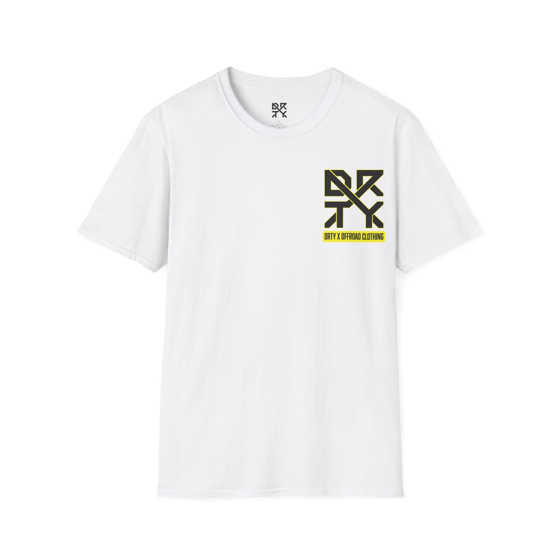 This image showcases a front view of a T-shirt with a left front chest with a DRTY X logo.