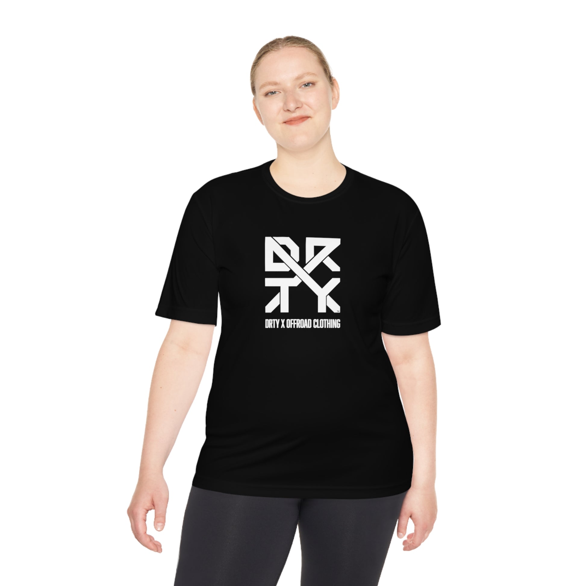 This image showcases the front view of a woman wearing a T-shirt with a large DRTY X Logo on the center of the shirt.