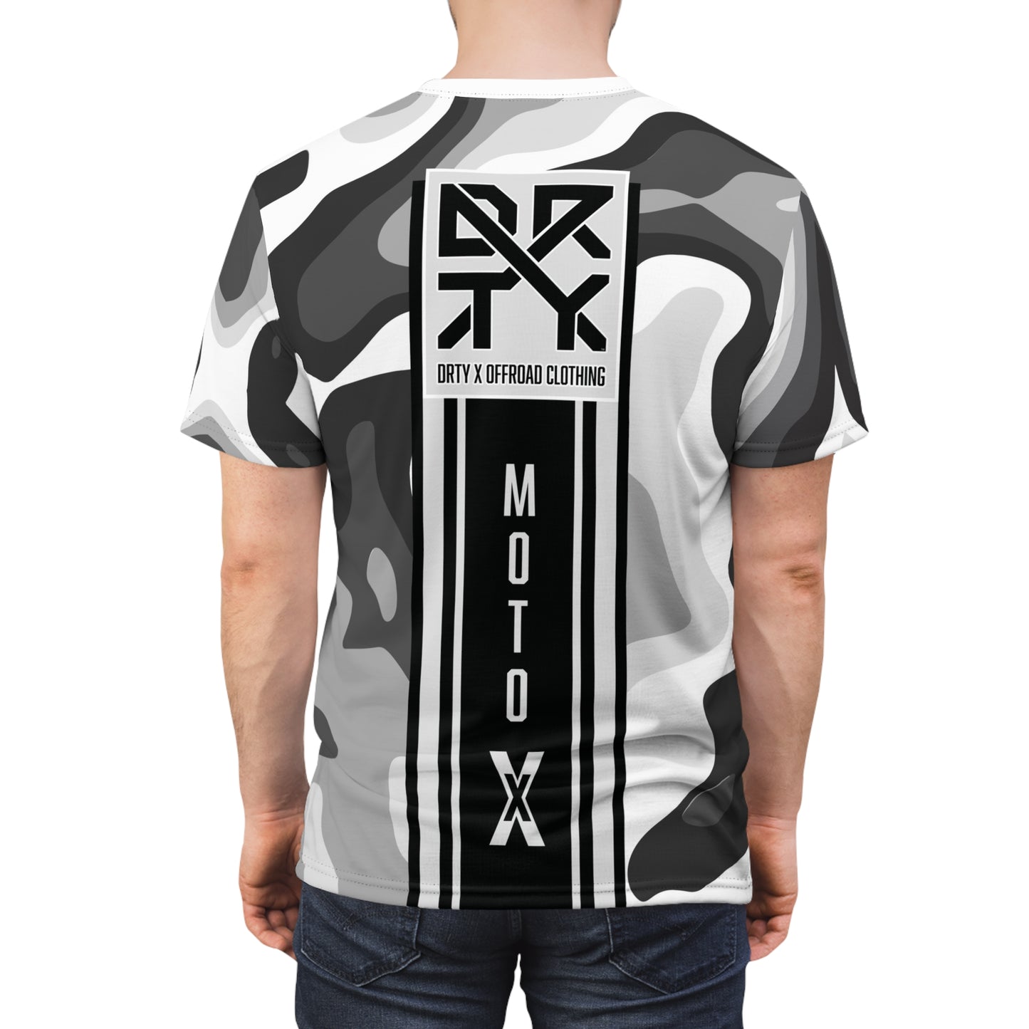 This image showcases a person wearing T-shirt with our logo and moto X text with stripes on the back over a camouflage pattern.