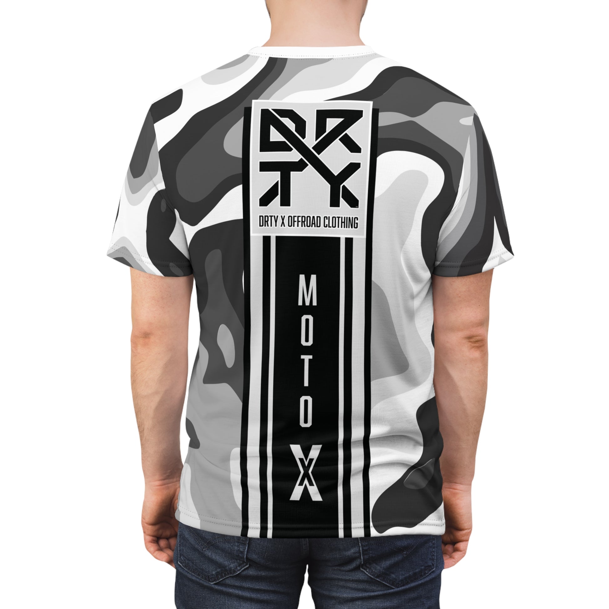 This image showcases a person wearing T-shirt with our logo and moto X text with stripes on the back over a camouflage pattern.