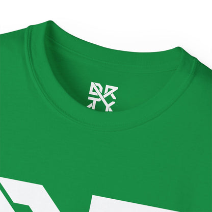 A view of the front of the shirt with a cropped DRTY X logo in the collar and front of the shirt.