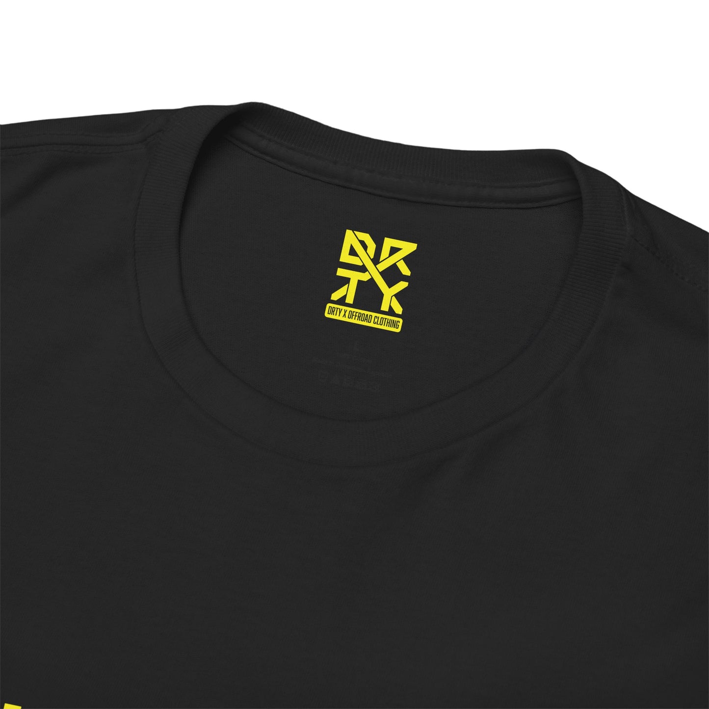 This image showcases the inside view of a T-shirt collar with a DRTY X logo printed on the inside.