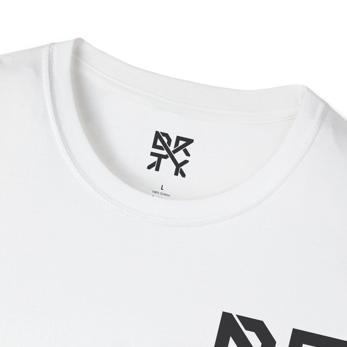 This image showcases the inside view of a T-shirt collar with a DRTY X logo printed on the inside.