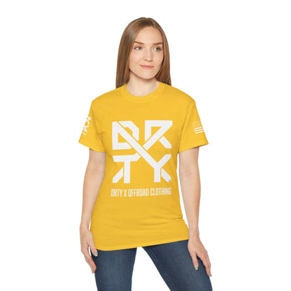 This image showcases the front view of a woman wearing a T-shirt with a DRTY X Logo on the center of the T Shirt and on the right sleeve. The right sleeve has an American flag.