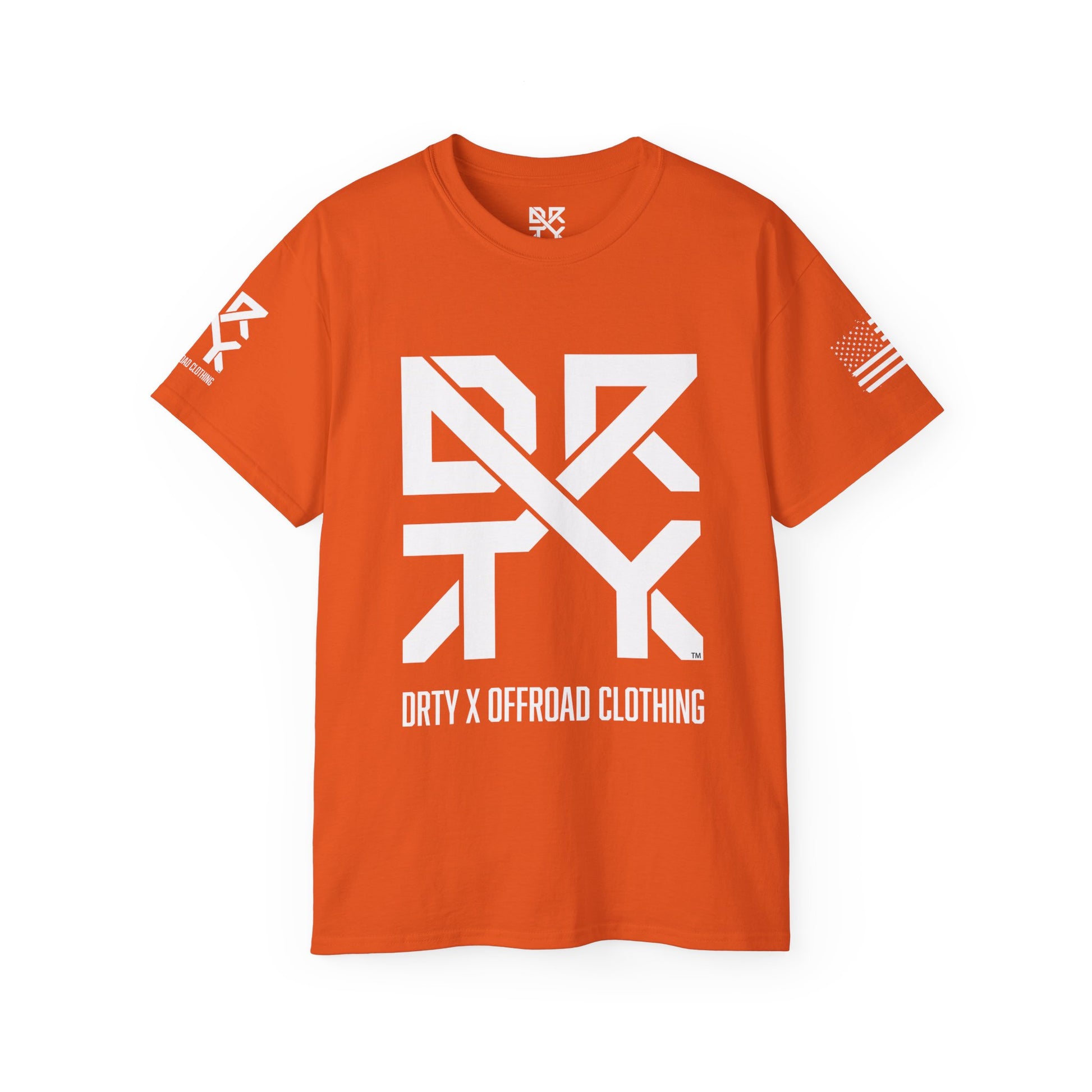 This image showcases the front view of a T-shirt with a DRTY X Logo on the center of the T Shirt and on the right sleeve. The right sleeve has an American flag