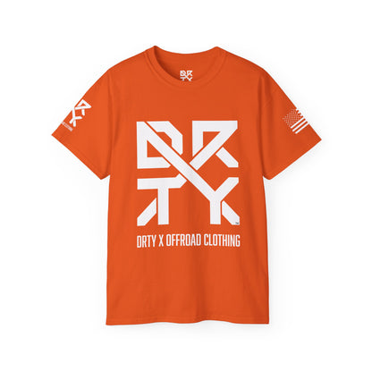 This image showcases the front view of a T-shirt with a DRTY X Logo on the center of the T Shirt and on the right sleeve. The right sleeve has an American flag