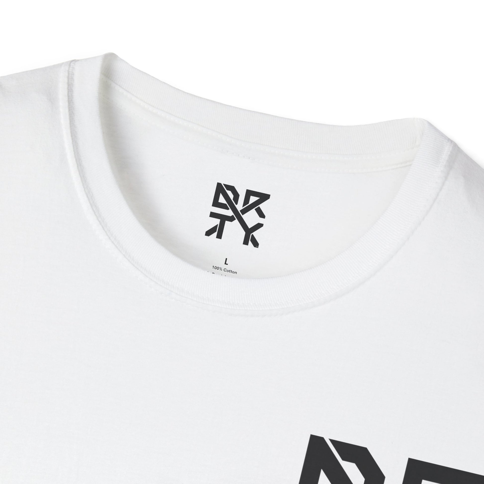 This image showcases the inside view of a T-shirt collar with a DRTY X logo printed on the inside.