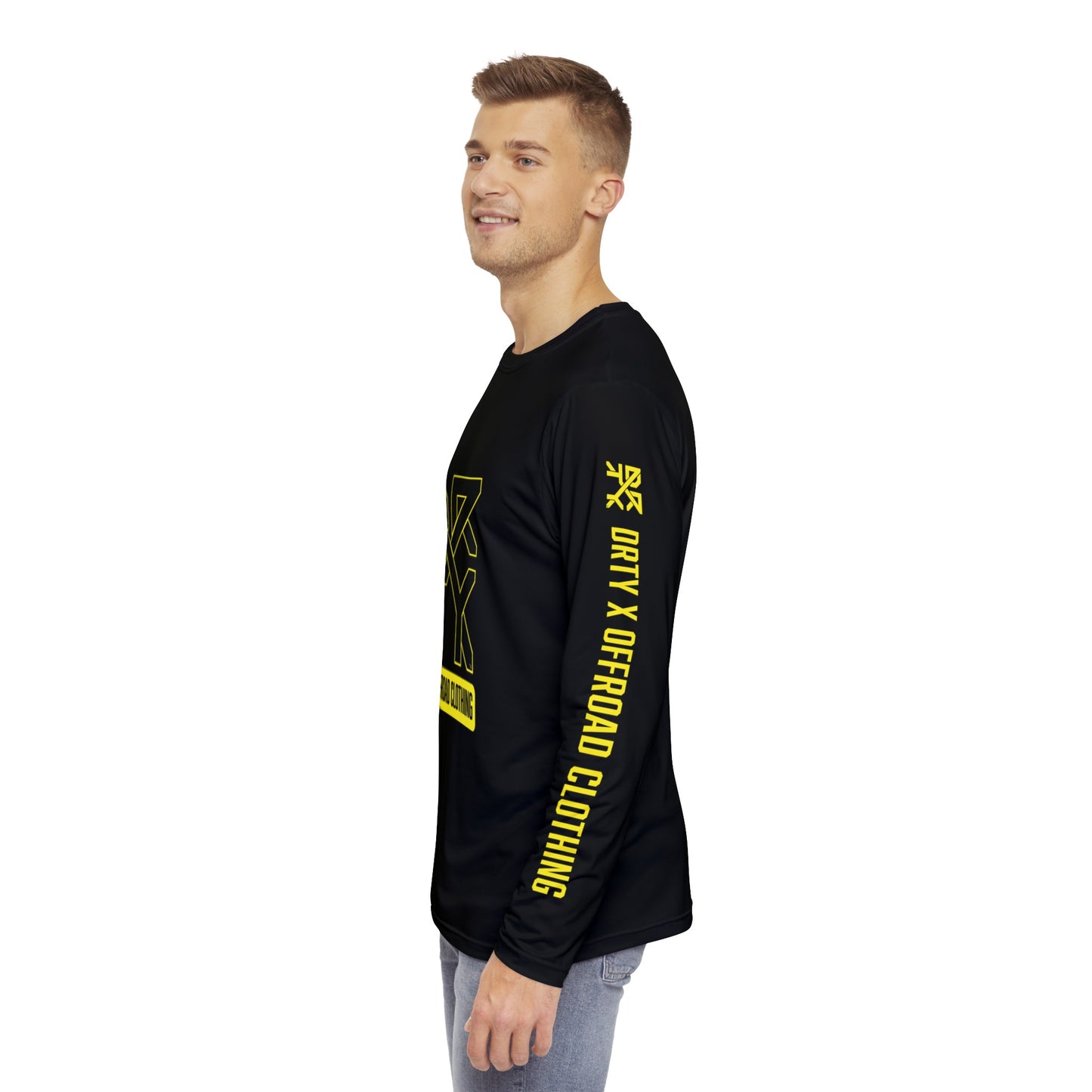This image showcases the side view of a man wearing a long sleeve shirt with a small DRTY X Logo on the left sleeve  of the shirt with text that says DRTY X Offroad Clothing.